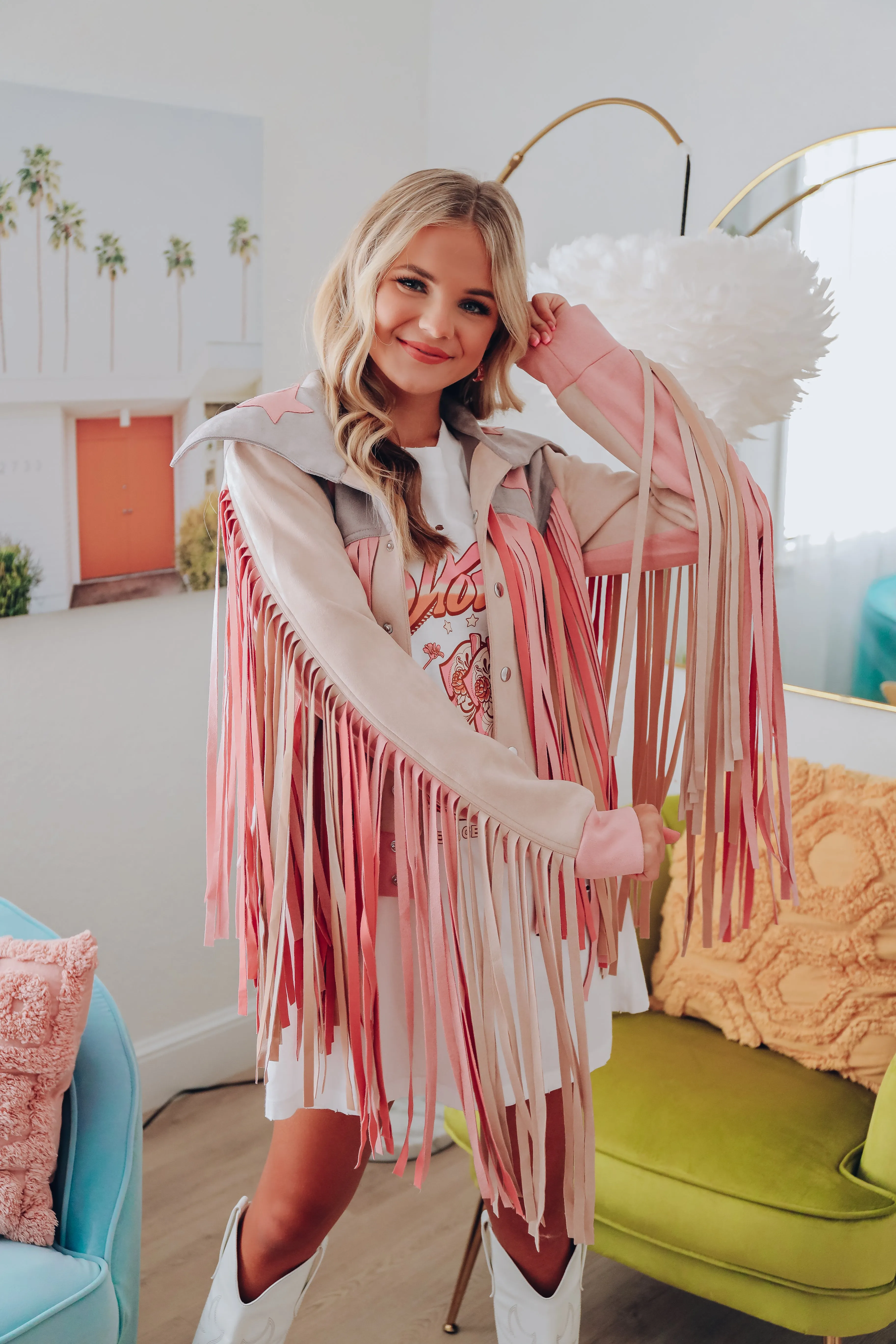 Get Up And Go Faux Suede Fringe Moto Jacket - Pink