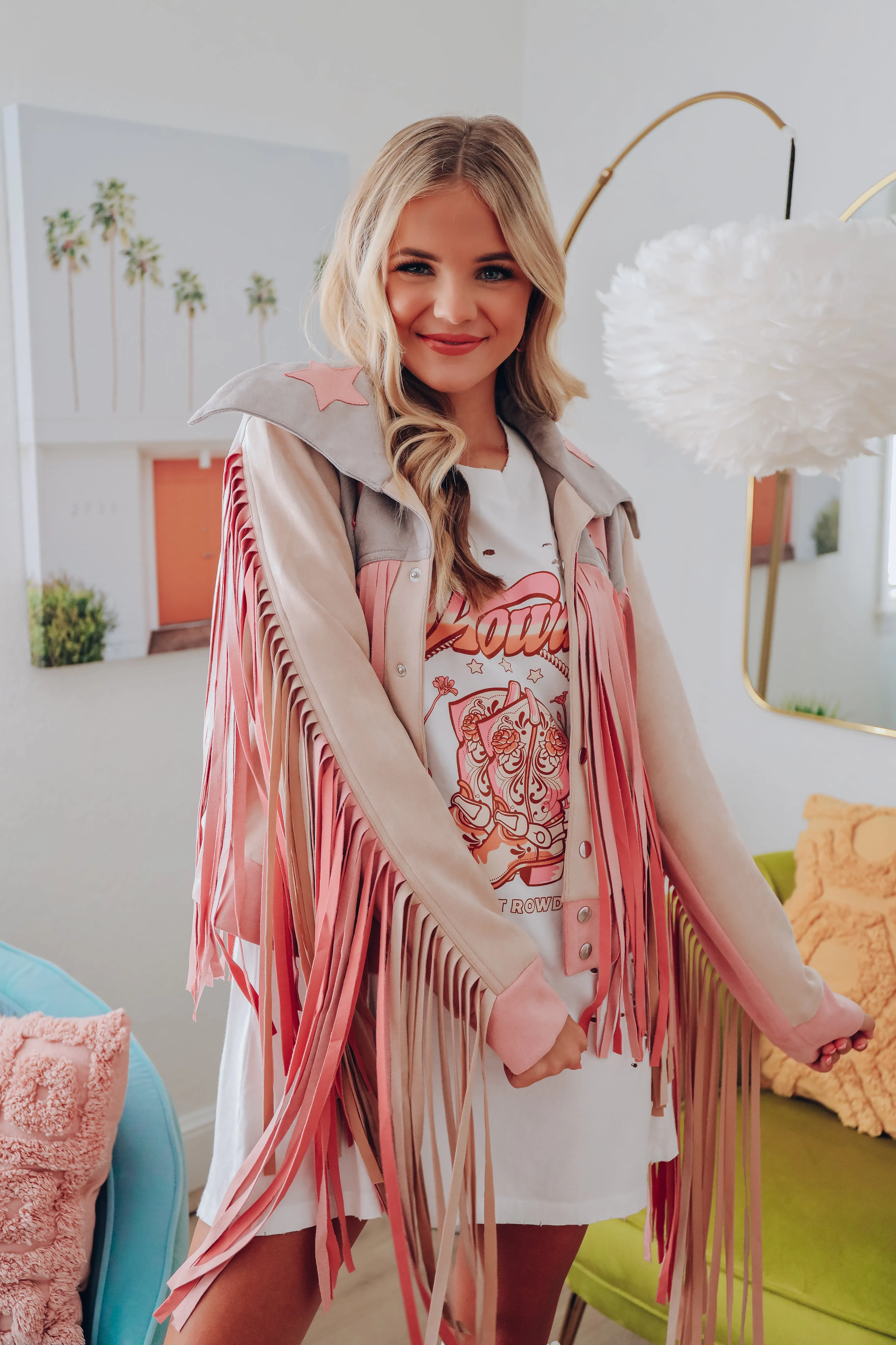 Get Up And Go Faux Suede Fringe Moto Jacket - Pink