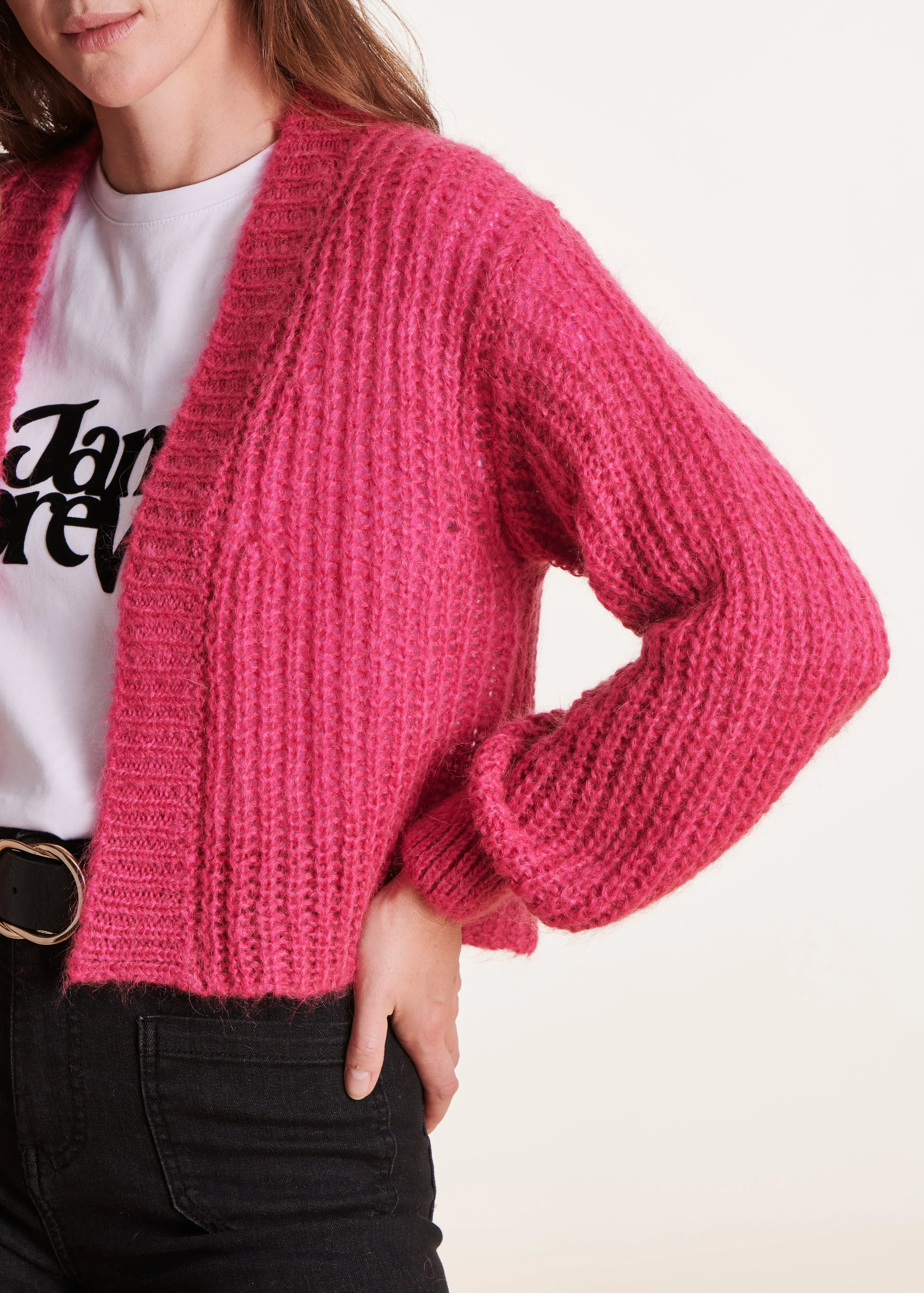 Gilet ample ouvert rose fuchsia en mohair