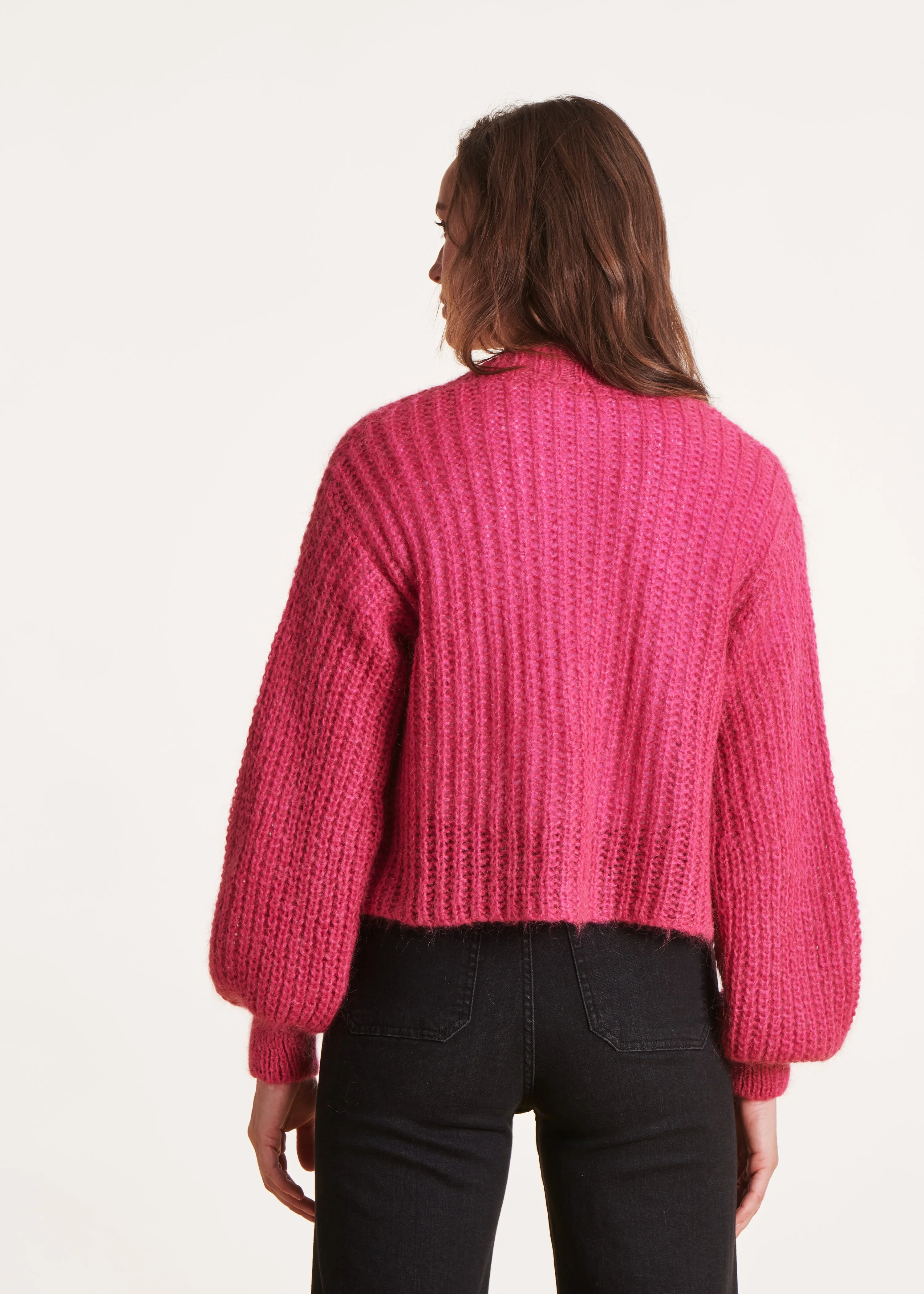 Gilet ample ouvert rose fuchsia en mohair