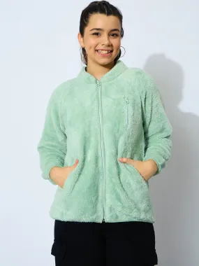 Girl Sea Green Double Fur Front Zipper Jacket