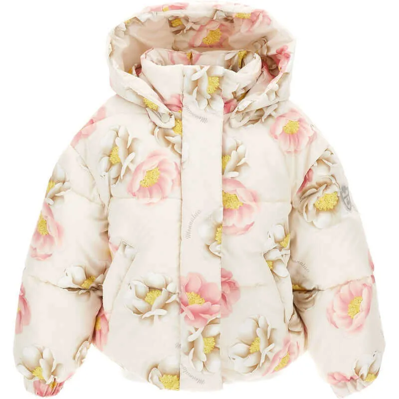 Girls Cream Rose Puffer Coat