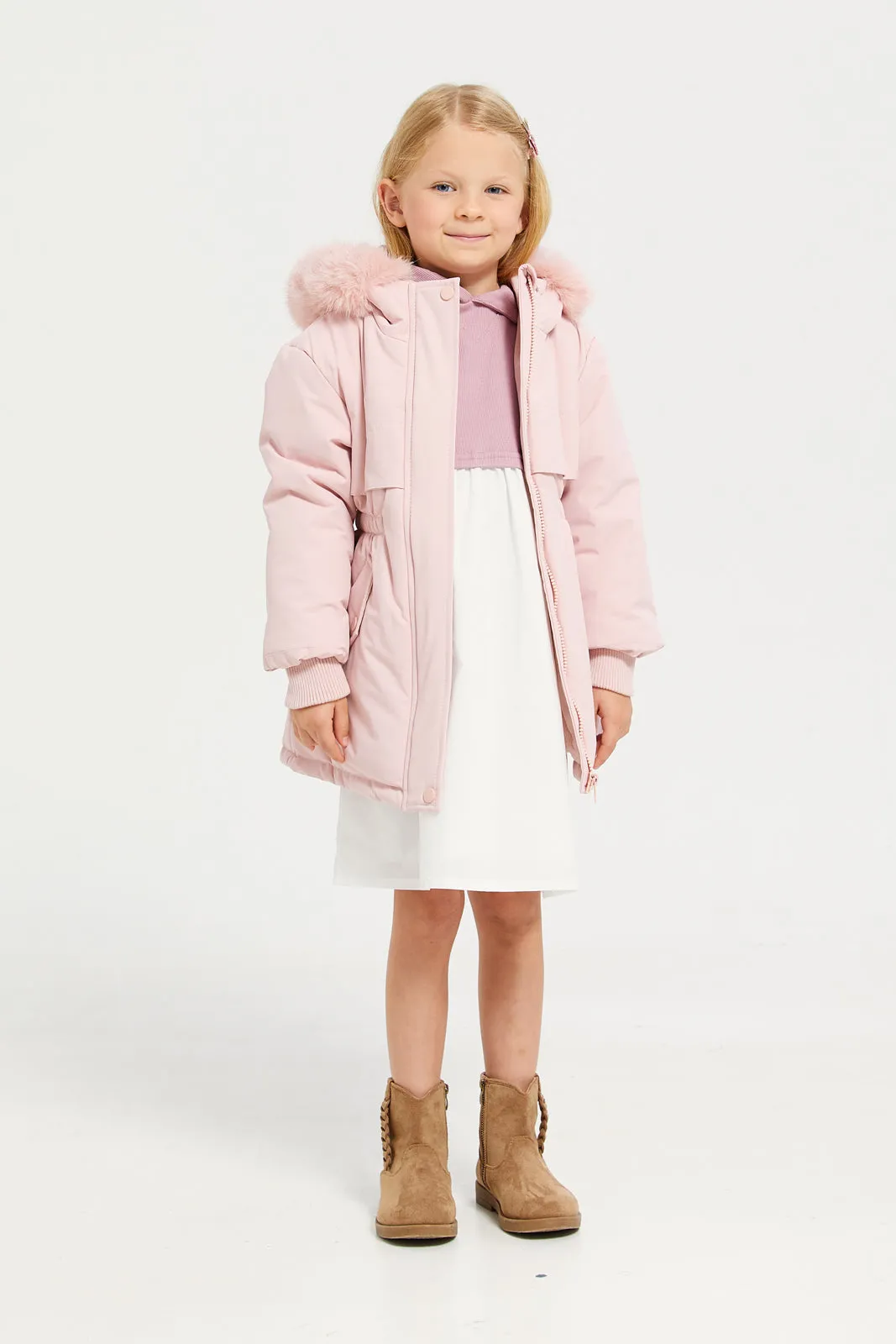 Girls Pink Puffer Long Line Sherpa Hood Jacket