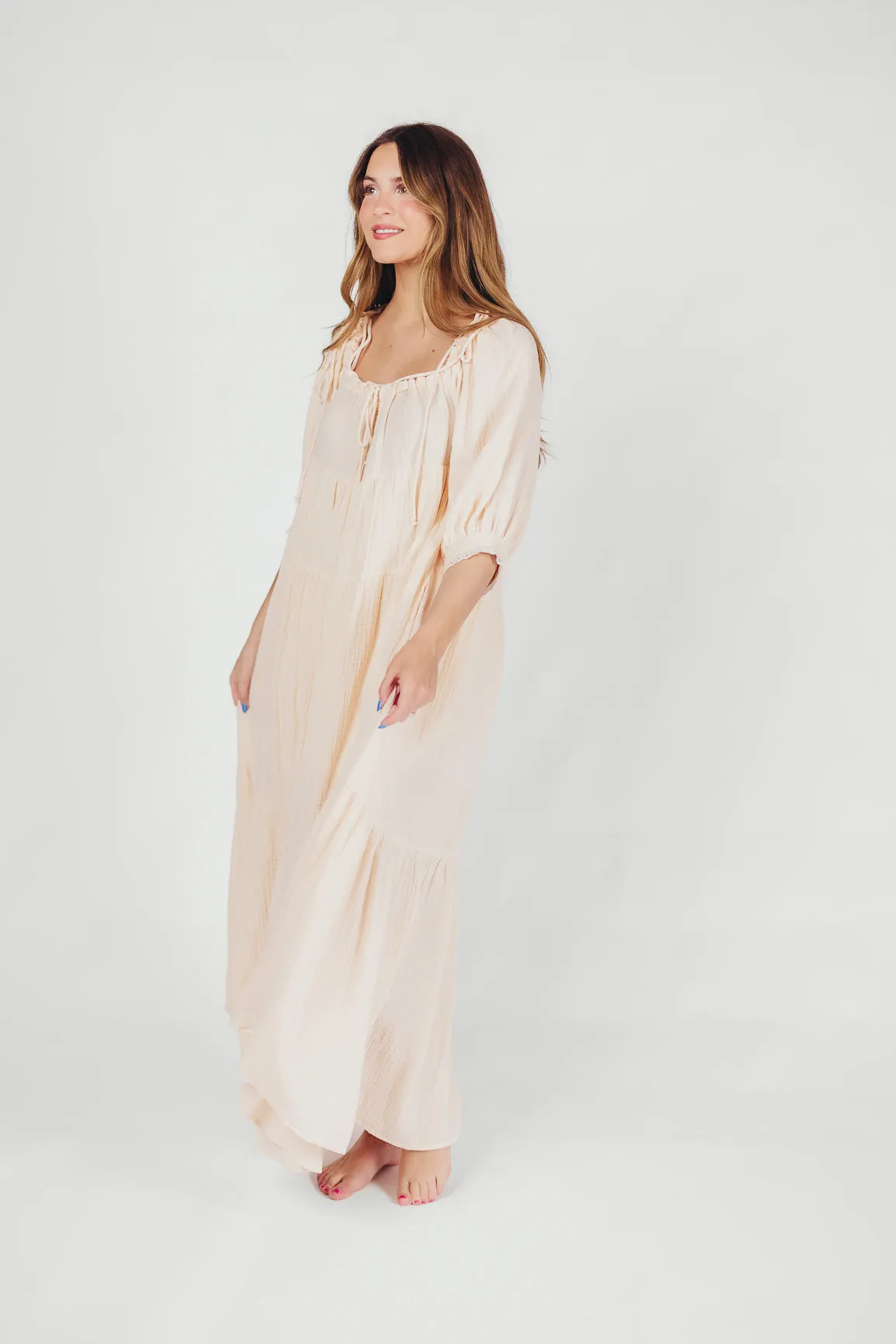 Goddess 100% Cotton Babydoll Maxi Dress in Blush - Bump Friendly