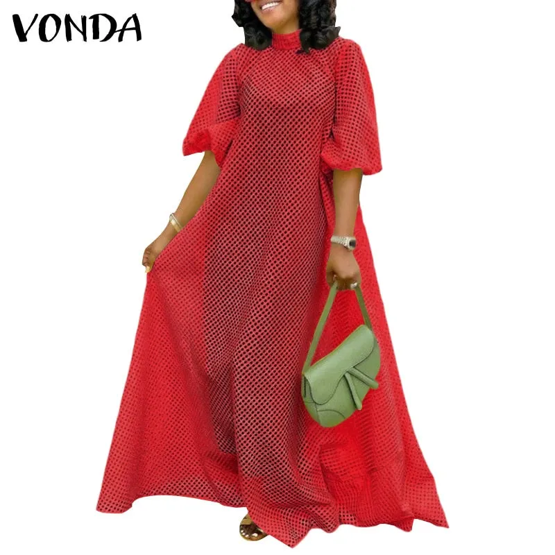 Graduation Gifts  See Through Dress Women Hollow Out Long Maxi Dresses 2021 VONDA Female Vintage Lantern Sleeve Vestido Beach Robe Femme