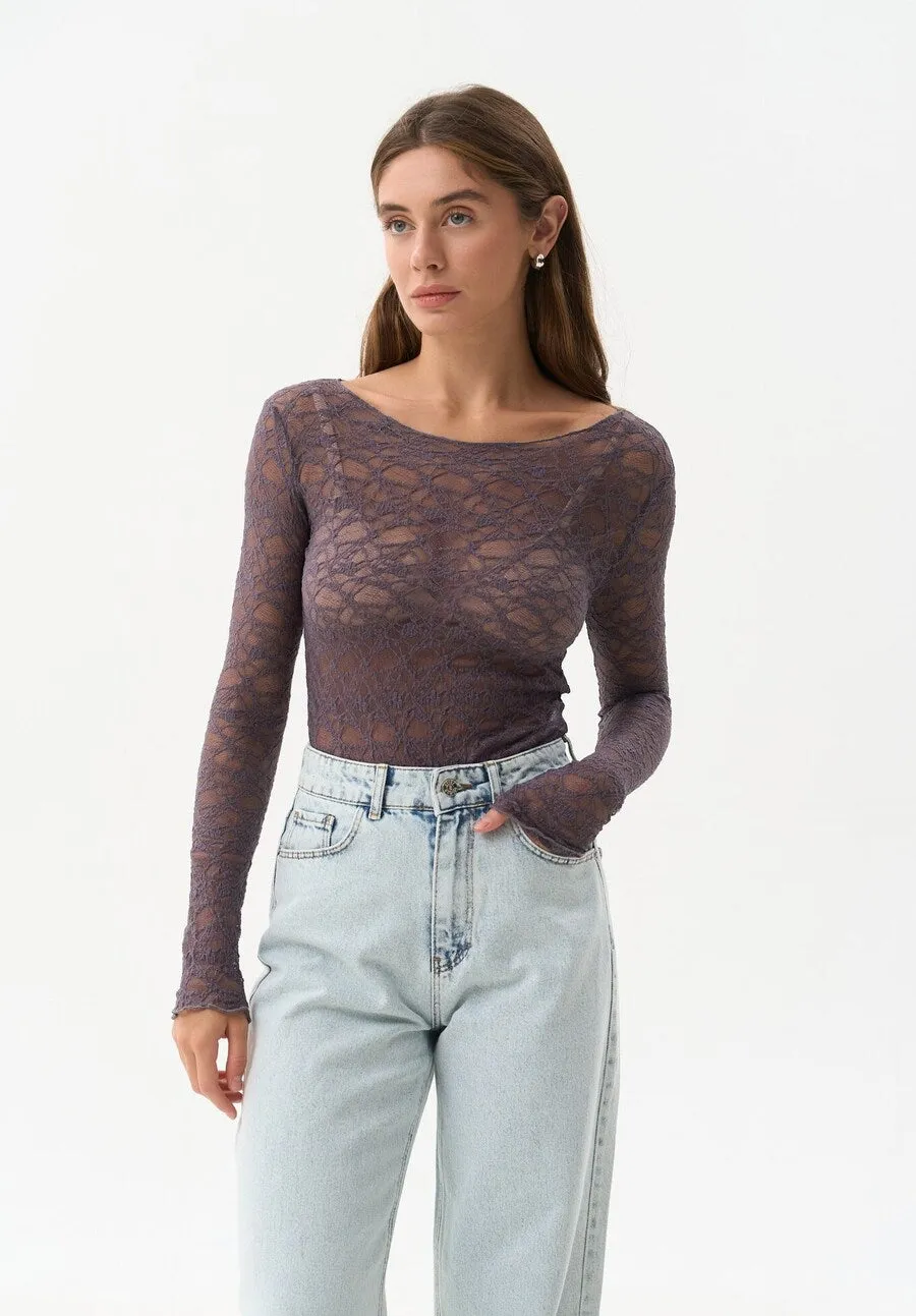 Grey Lace Long Sleeve Top