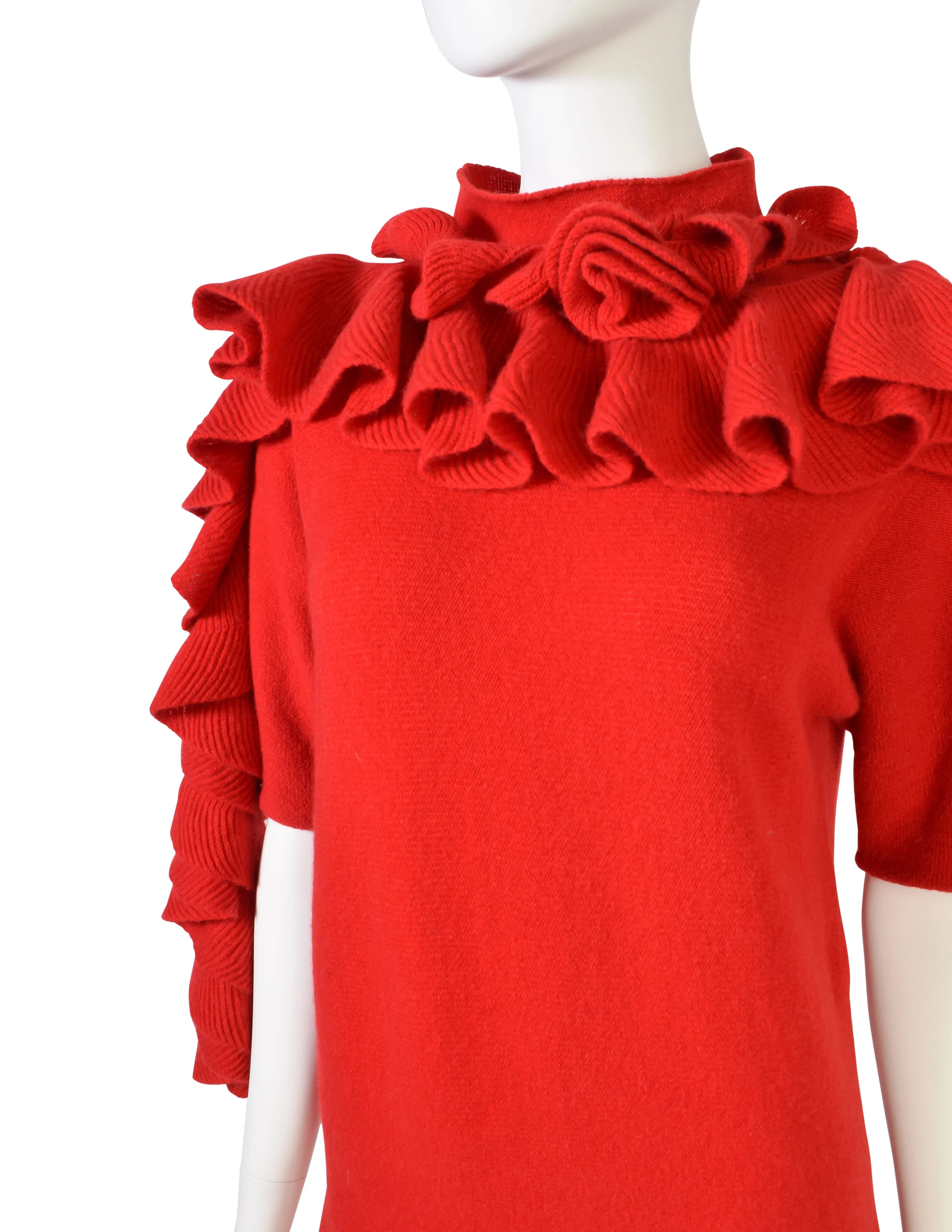 Issey Miyake Haat Heart Vintage Red Rosette Ruffle Scarf Cashmere Sweater