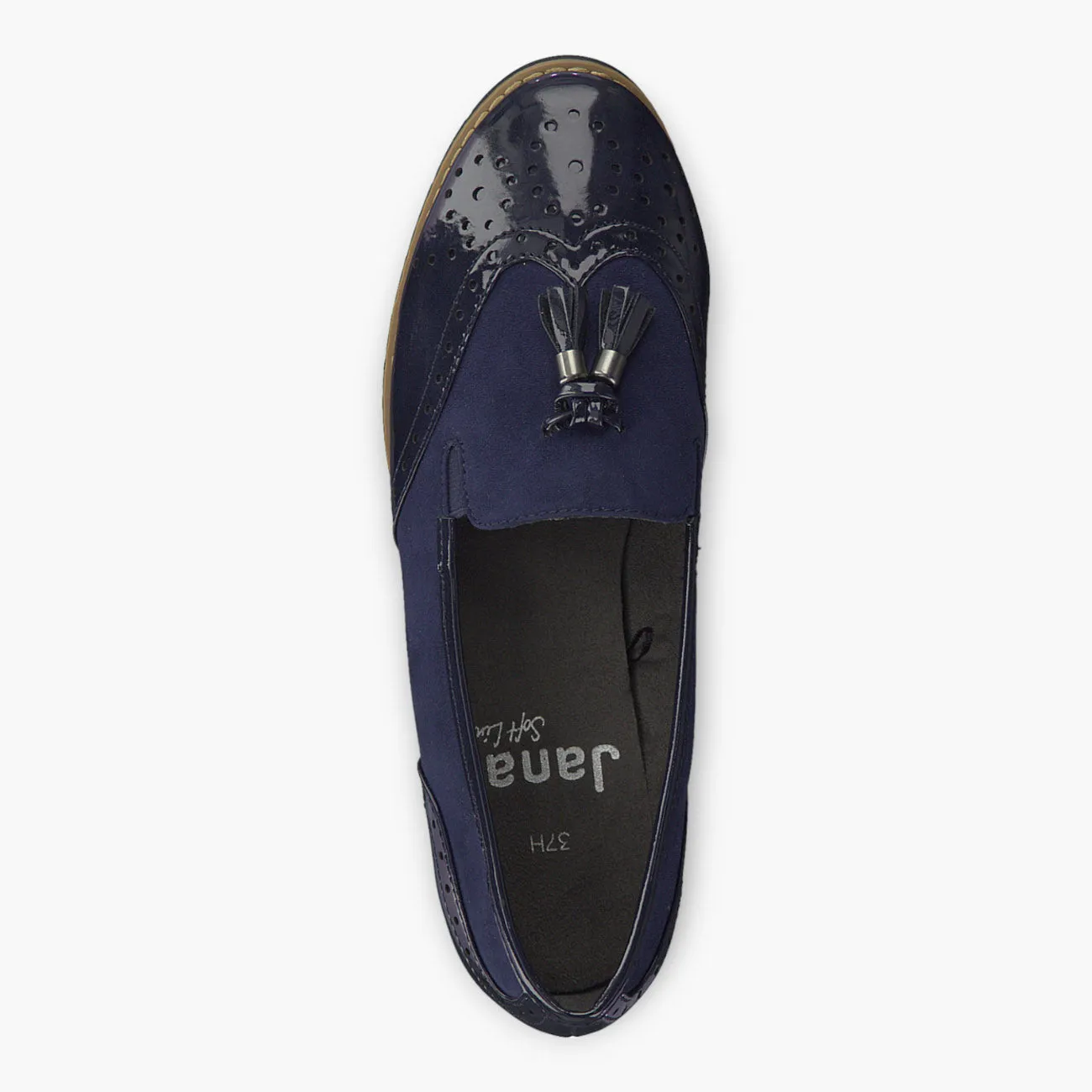 Jana Navy Brogue-Style Slip-On Loafers with Brown Side Sole