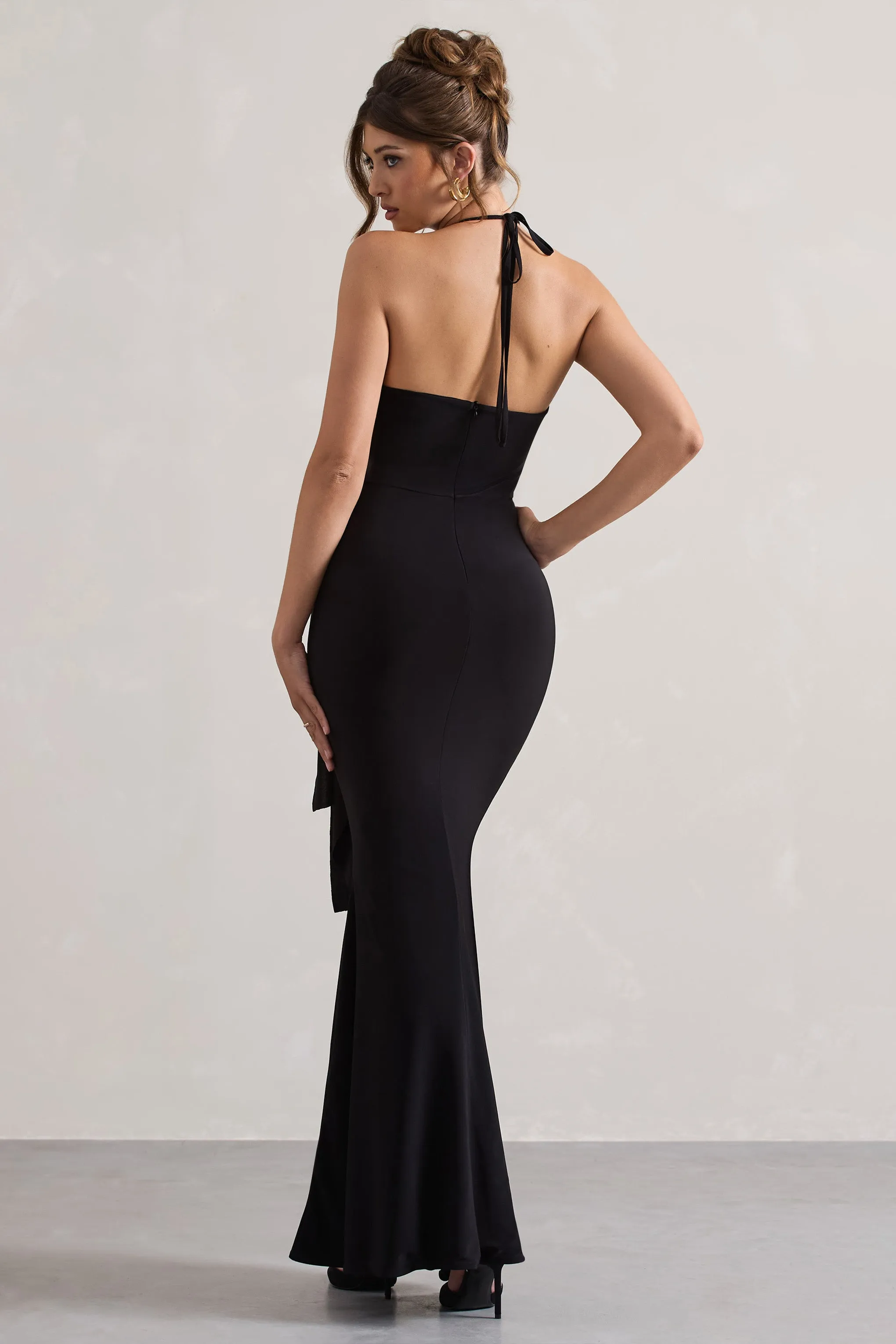 Janelle | Black Halter-Neck Gathered Drape Maxi Dress