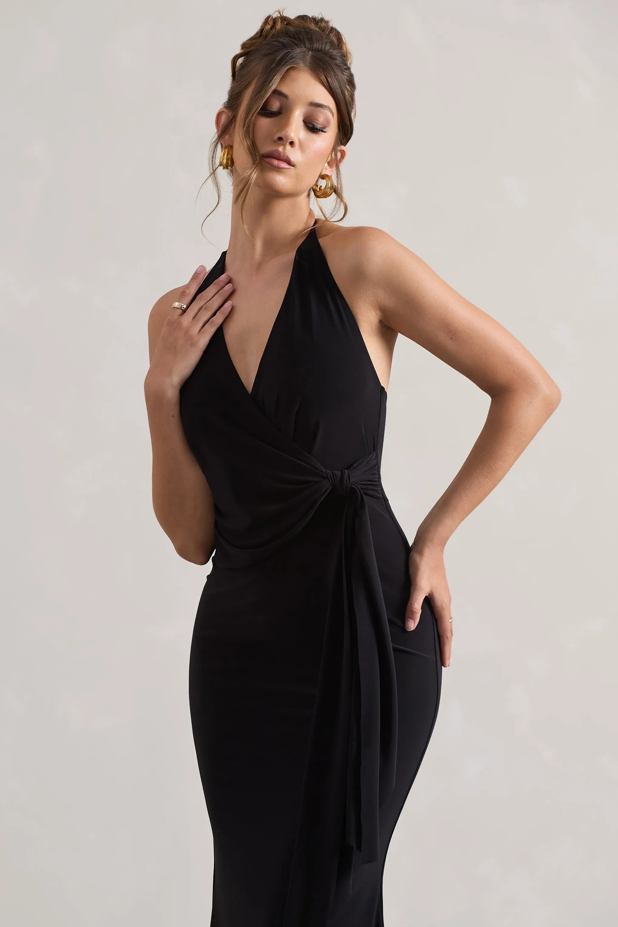 Janelle | Black Halter-Neck Gathered Drape Maxi Dress