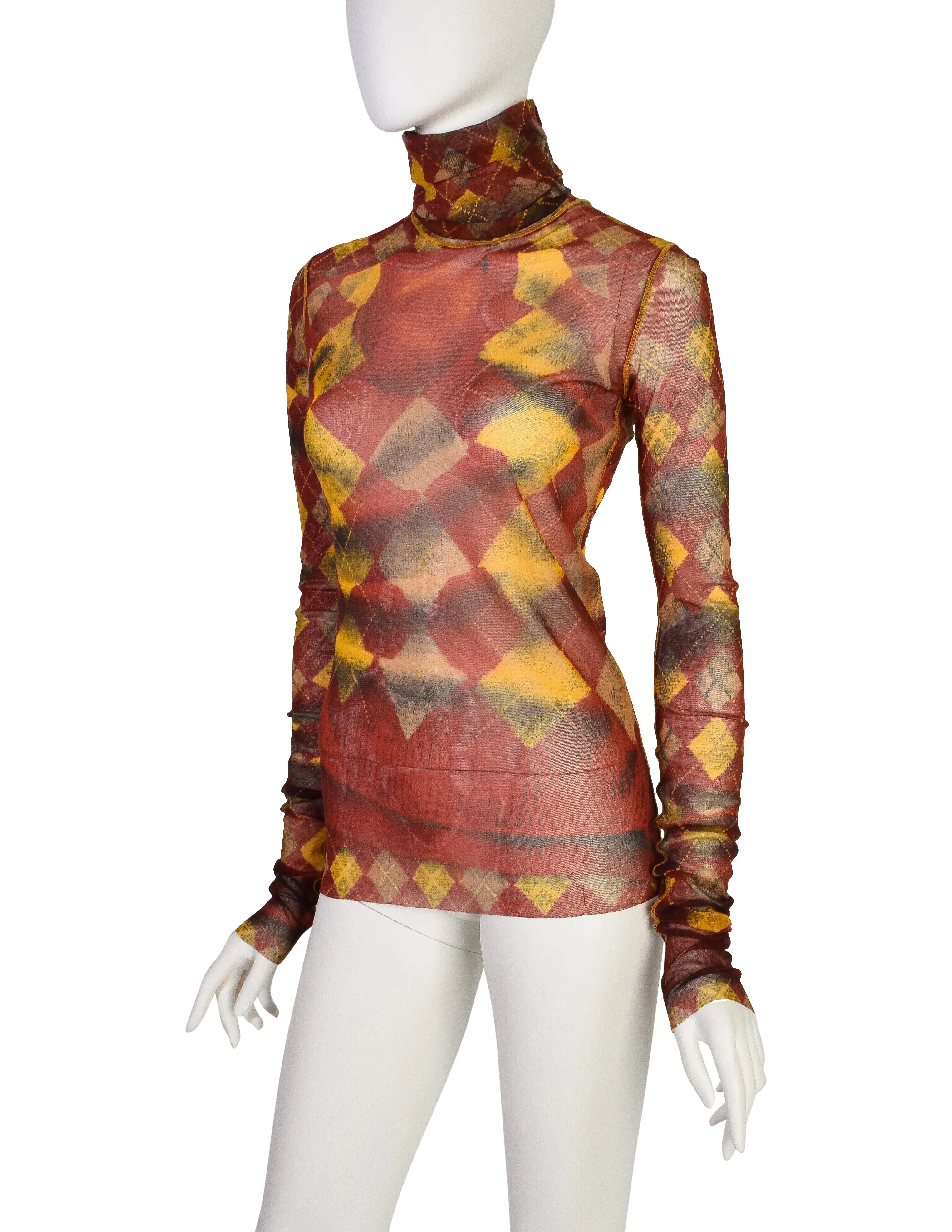 Jean Paul Gaultier Vintage AW 2004 Burgundy Yellow Argyle Trompe L'oeil Print Mesh Top