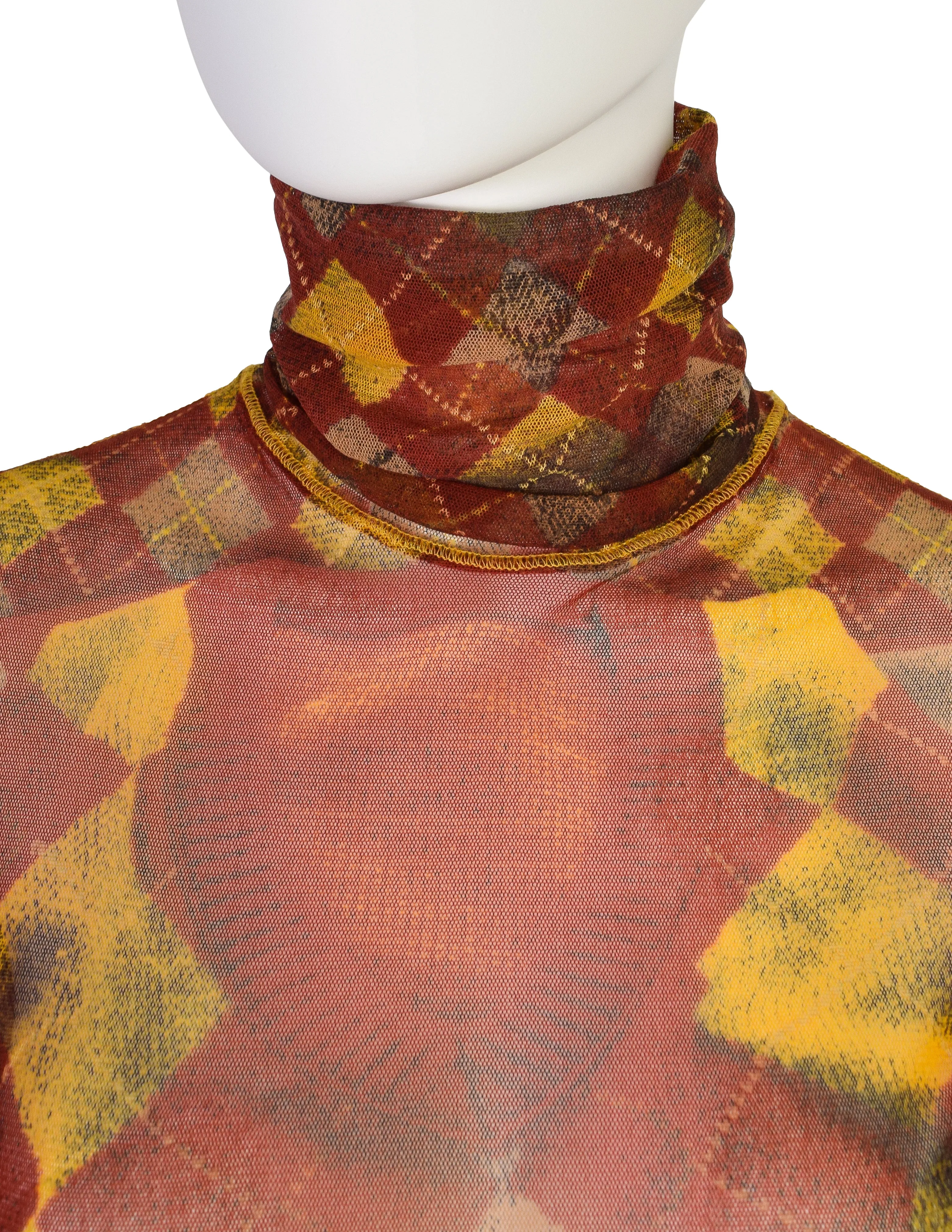 Jean Paul Gaultier Vintage AW 2004 Burgundy Yellow Argyle Trompe L'oeil Print Mesh Top