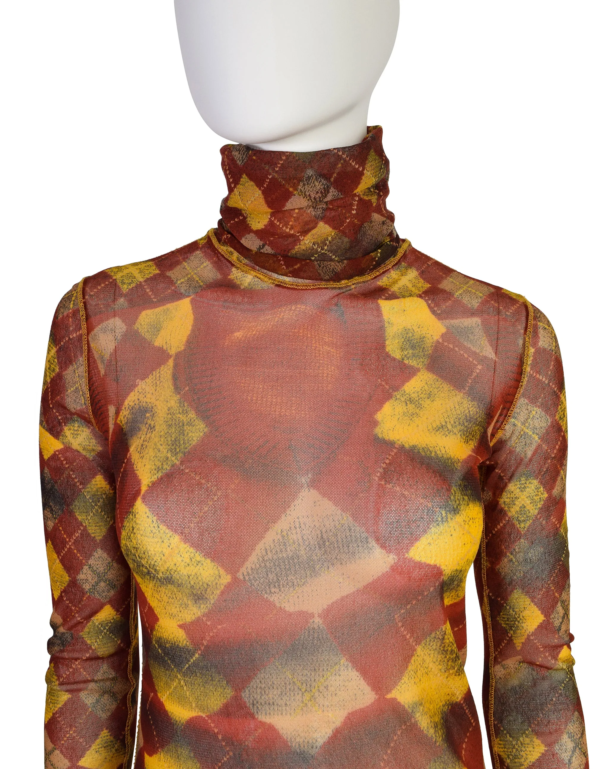 Jean Paul Gaultier Vintage AW 2004 Burgundy Yellow Argyle Trompe L'oeil Print Mesh Top