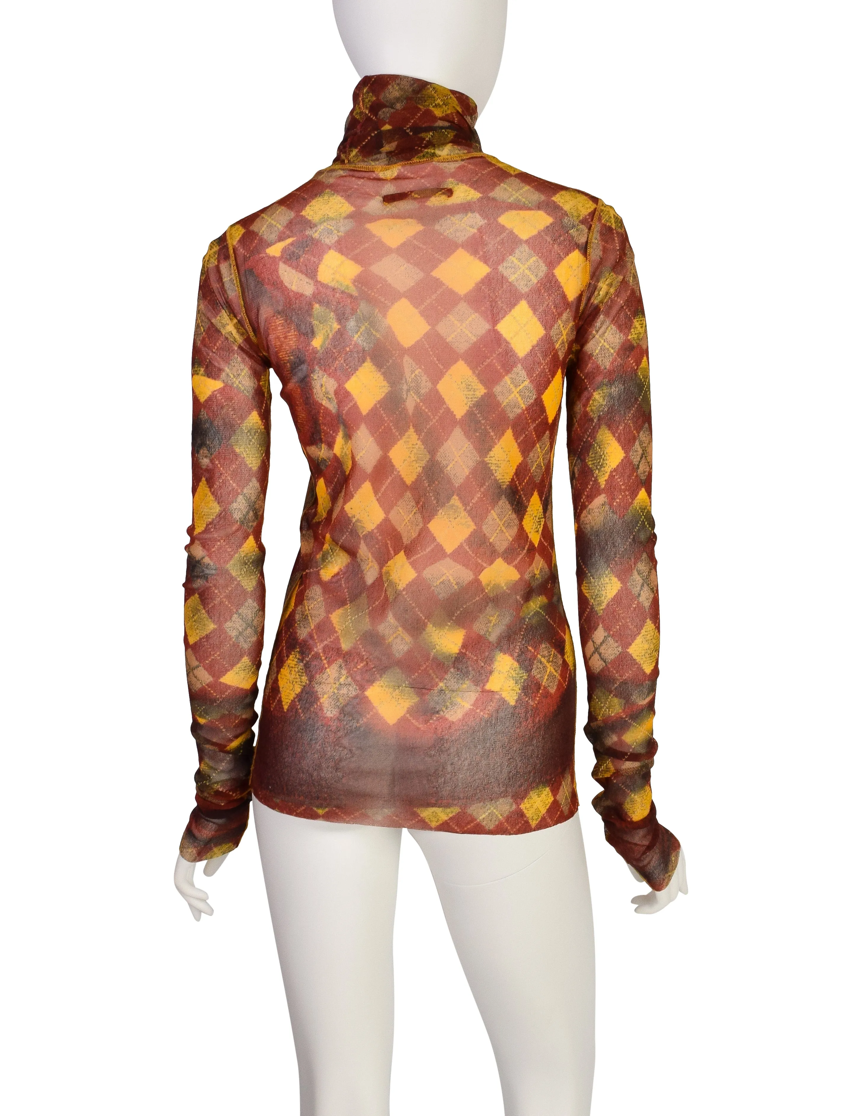 Jean Paul Gaultier Vintage AW 2004 Burgundy Yellow Argyle Trompe L'oeil Print Mesh Top