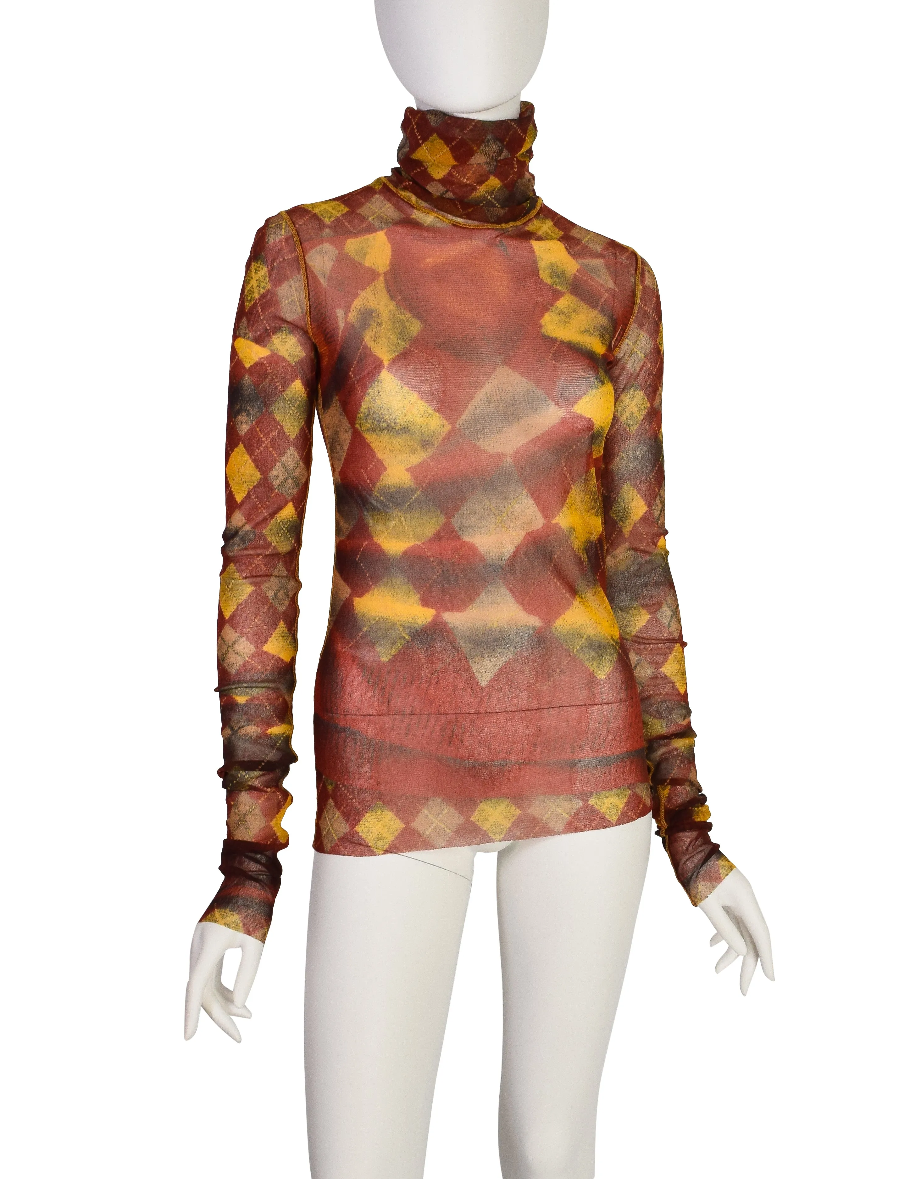 Jean Paul Gaultier Vintage AW 2004 Burgundy Yellow Argyle Trompe L'oeil Print Mesh Top