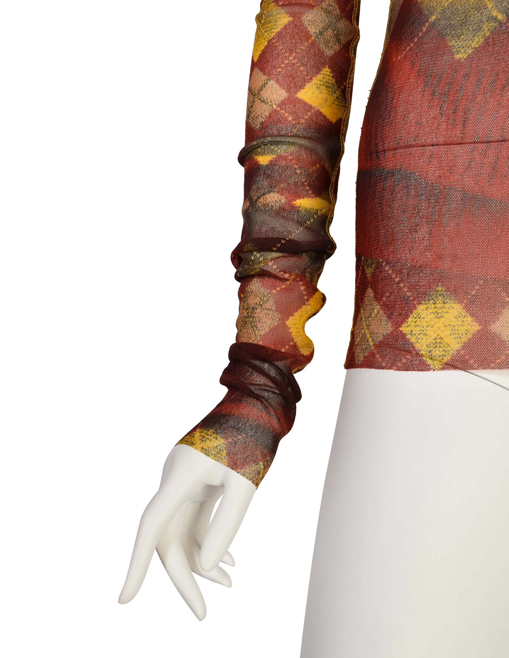 Jean Paul Gaultier Vintage AW 2004 Burgundy Yellow Argyle Trompe L'oeil Print Mesh Top