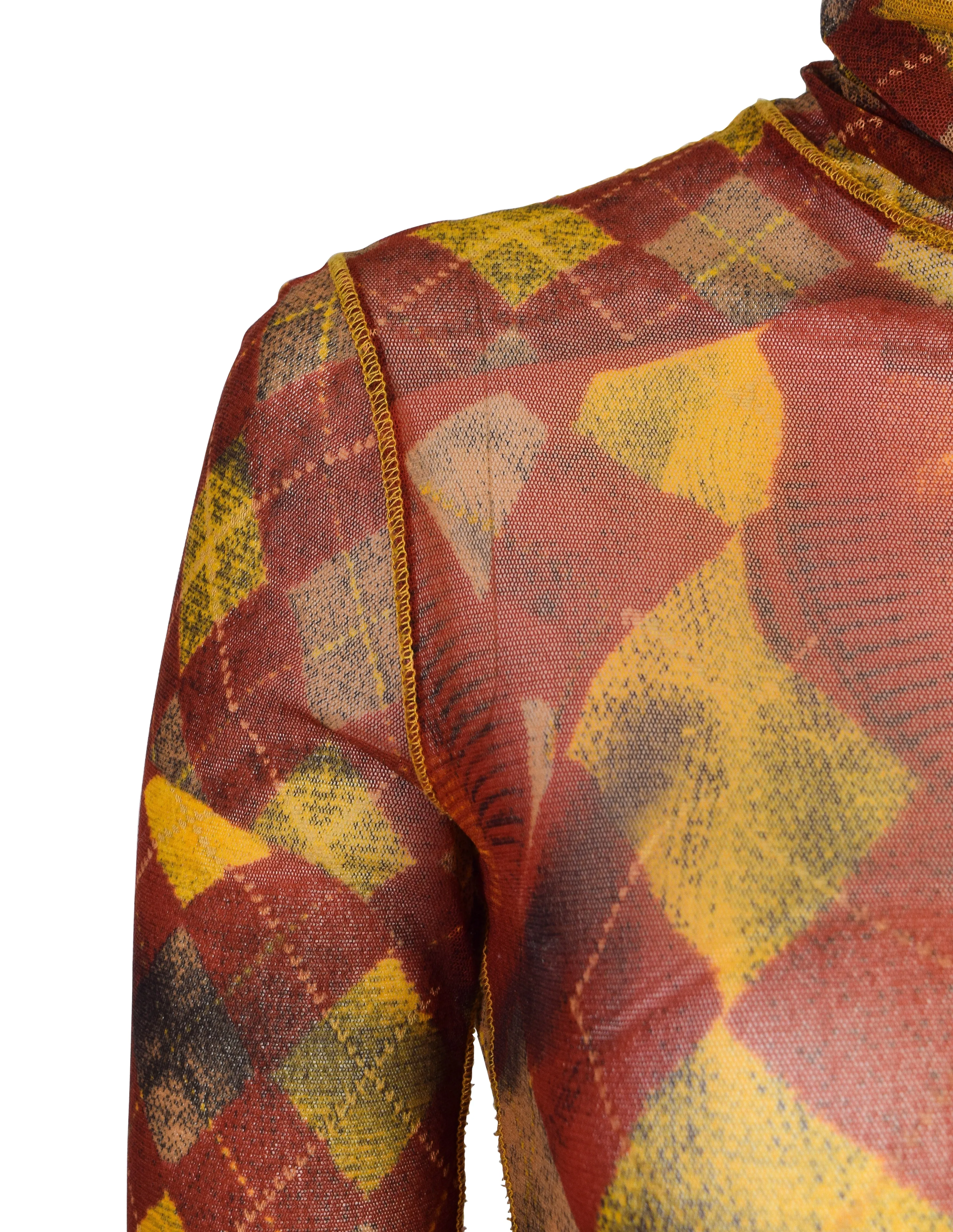 Jean Paul Gaultier Vintage AW 2004 Burgundy Yellow Argyle Trompe L'oeil Print Mesh Top