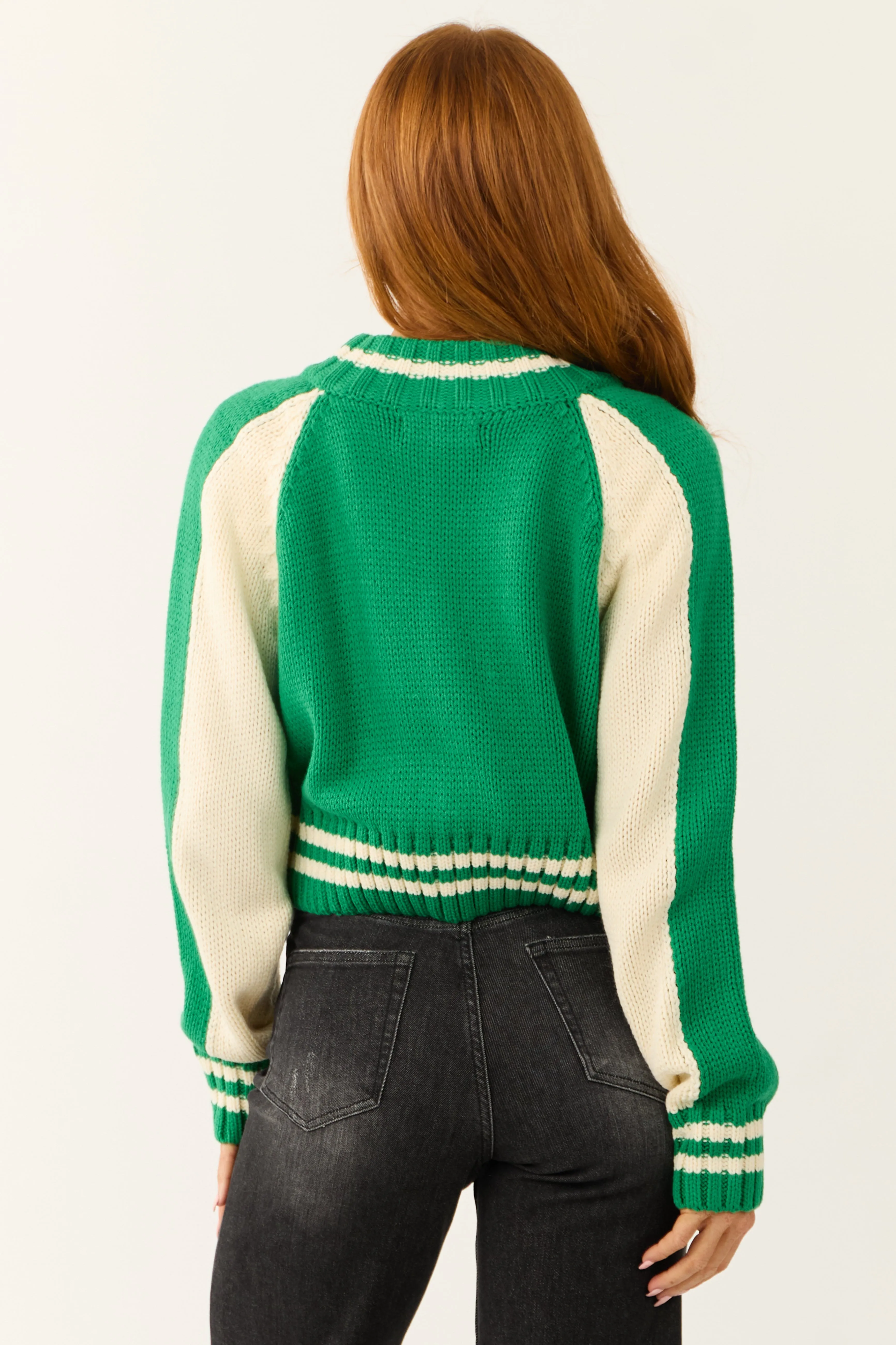 Kelly Green and Cream Zip Up Baseball Sweater Jacket