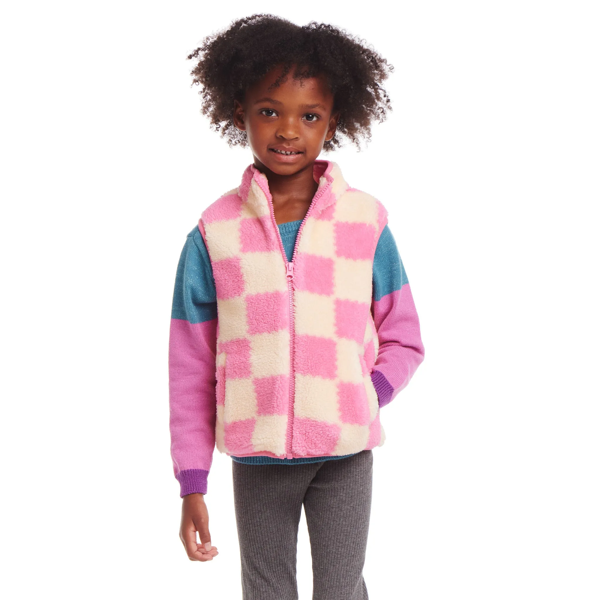 Kids (2-6x) Checkered Faux Fleece Vest | Pink