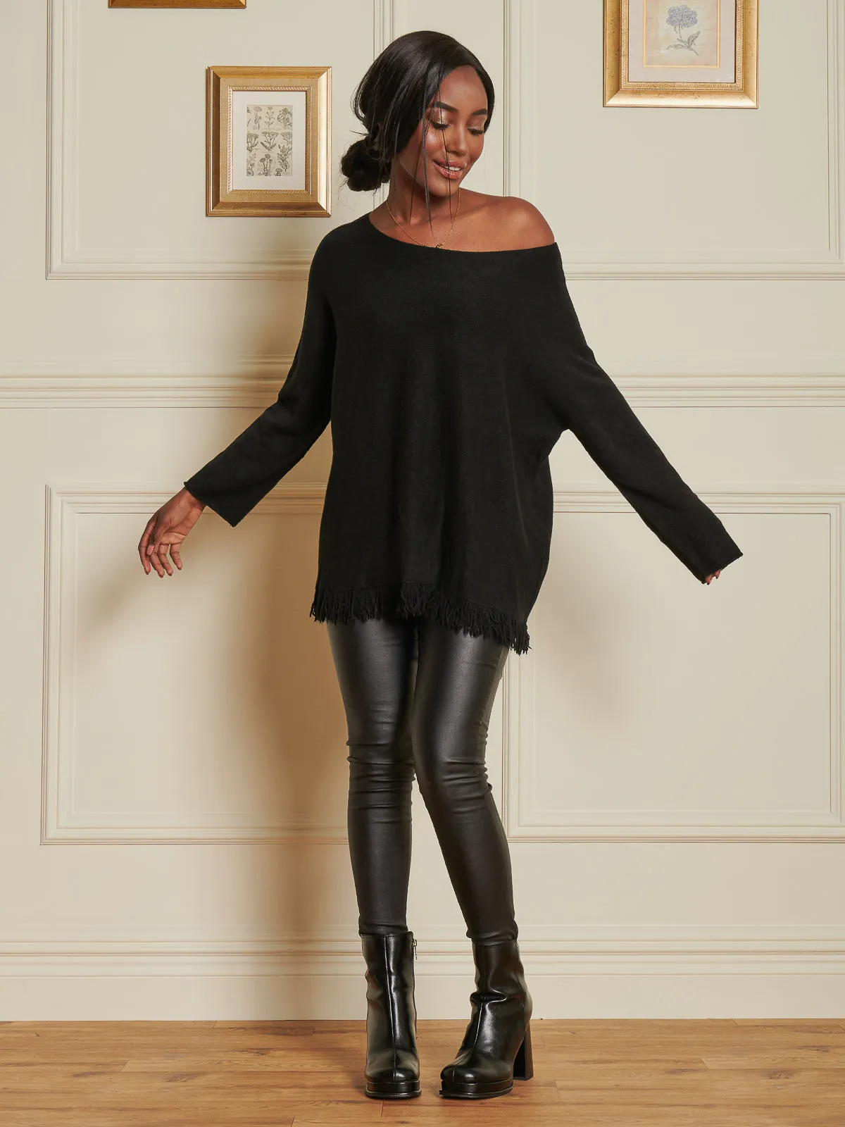 Knitted Fringe Detail Jumper, Black