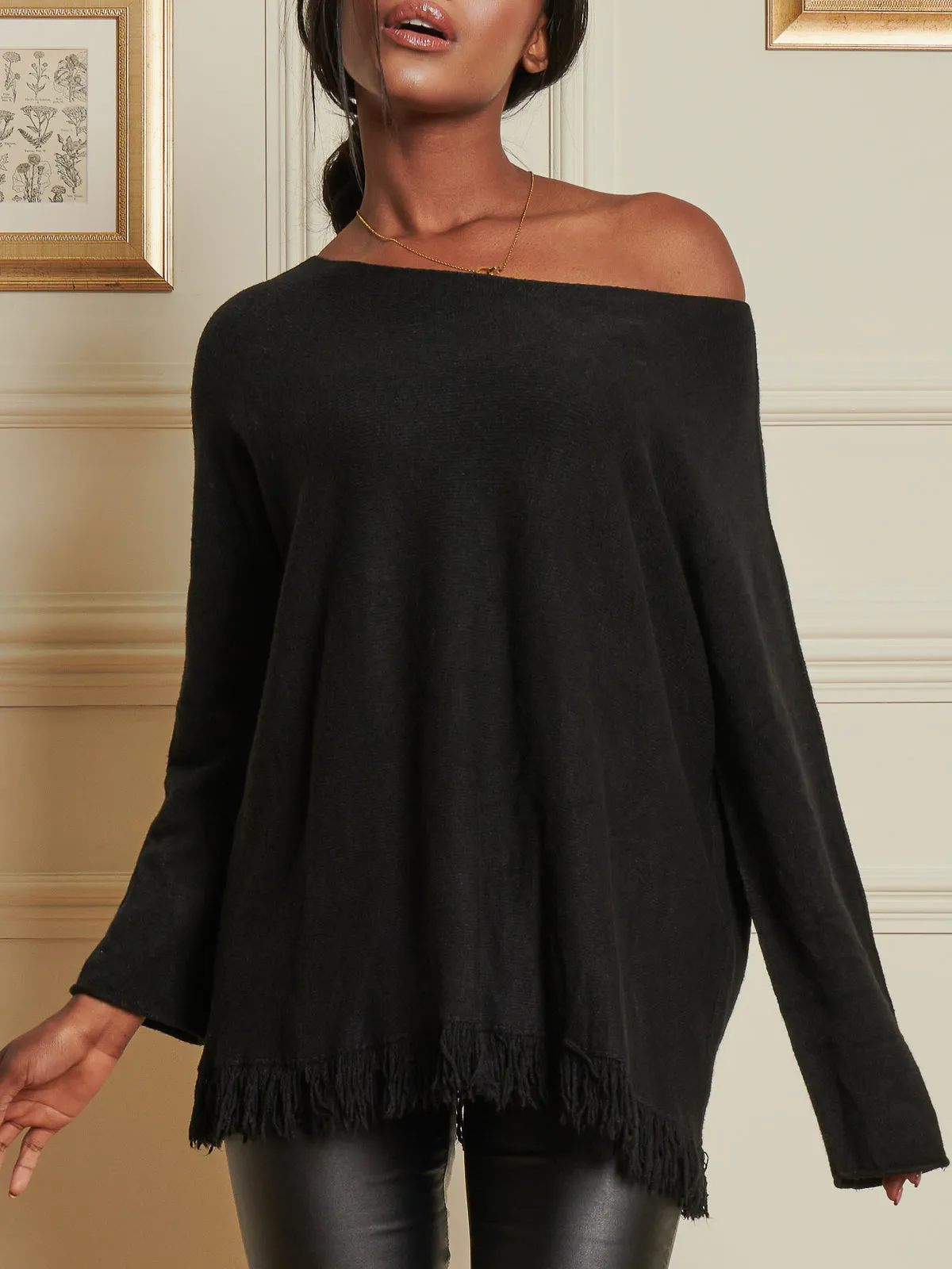 Knitted Fringe Detail Jumper, Black