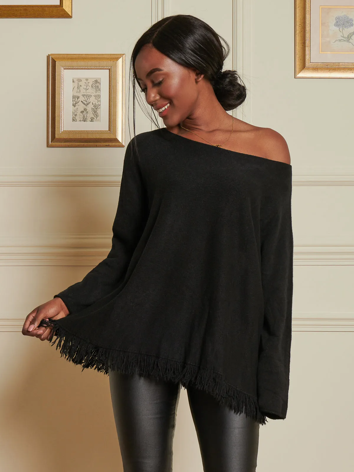 Knitted Fringe Detail Jumper, Black