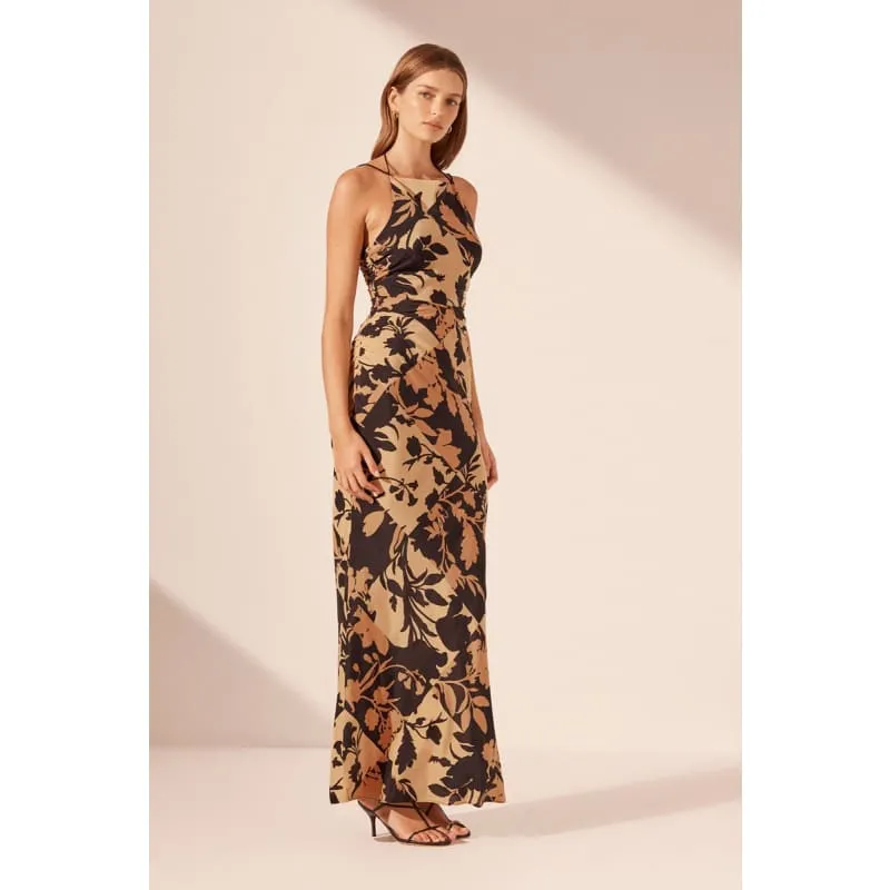 Lai Silk HIgh Neck Ruched Maxi Dress