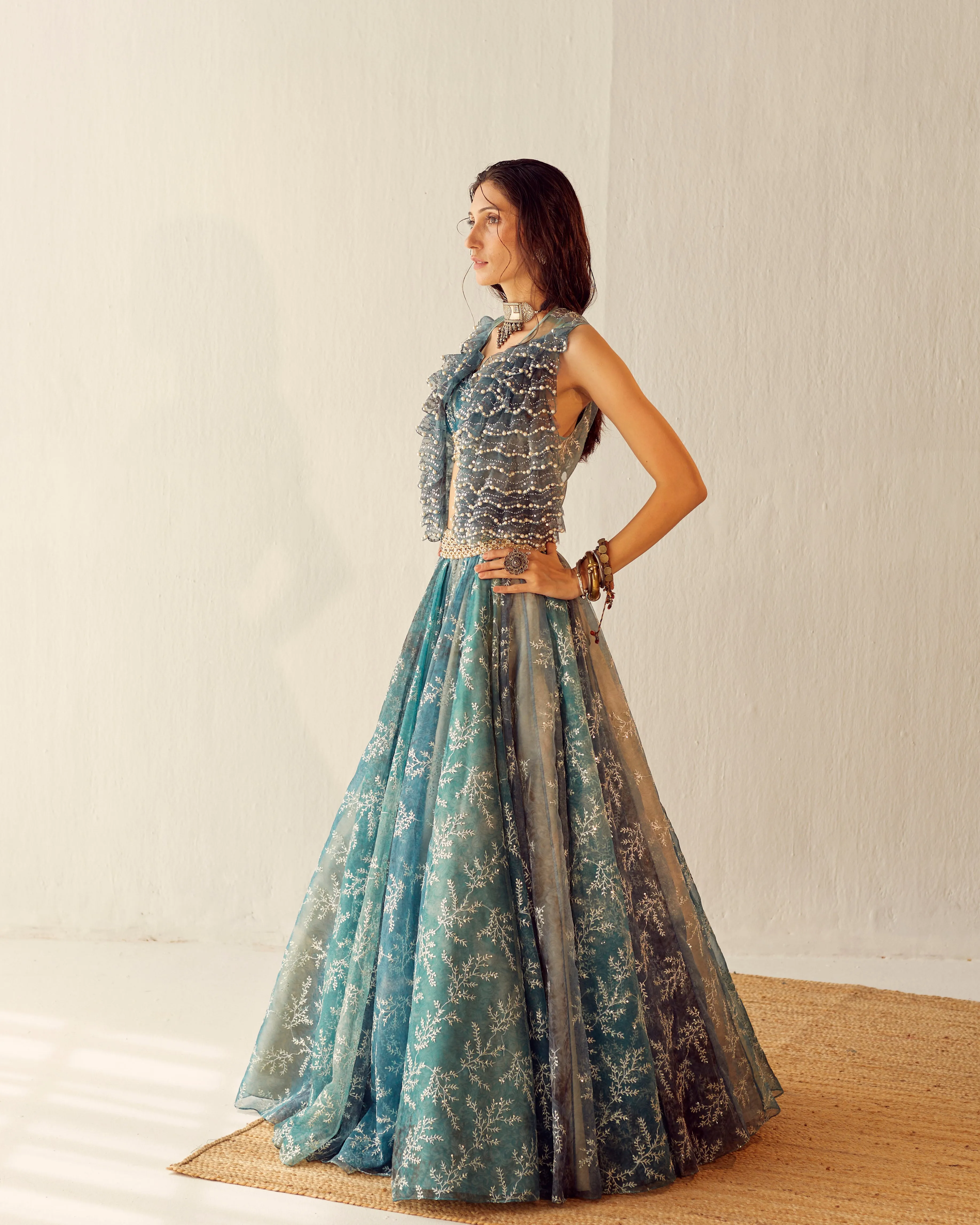 Lake Blue Organza Lehenga Set With Embroidered Gilet