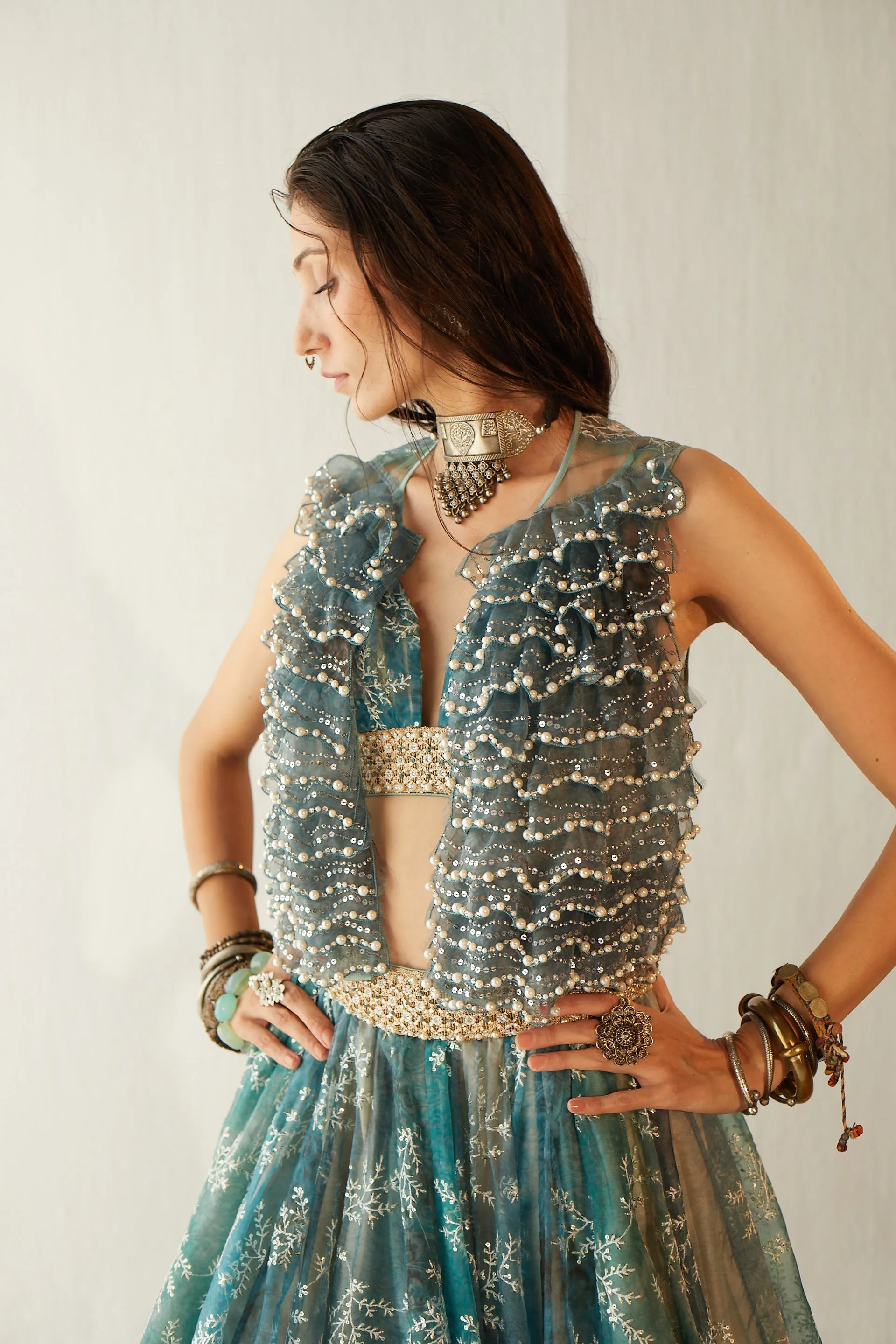 Lake Blue Organza Lehenga Set With Embroidered Gilet