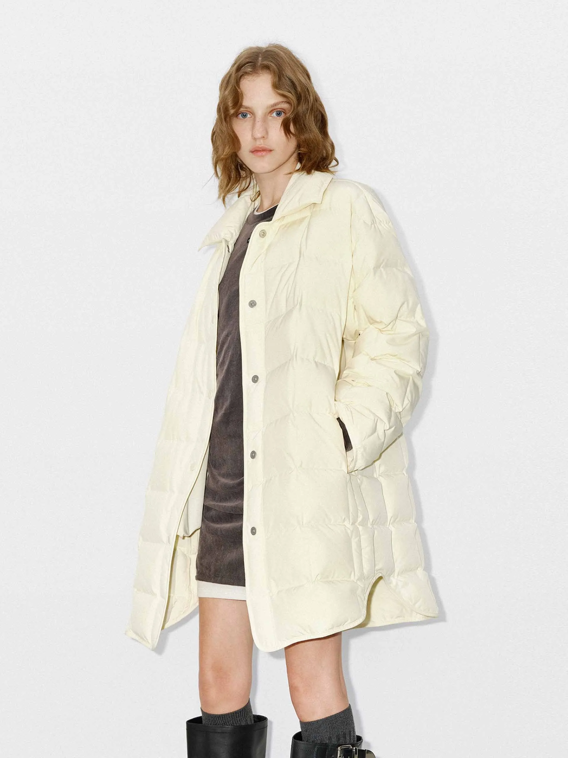 Lapel Collar Midi Puffer Coat