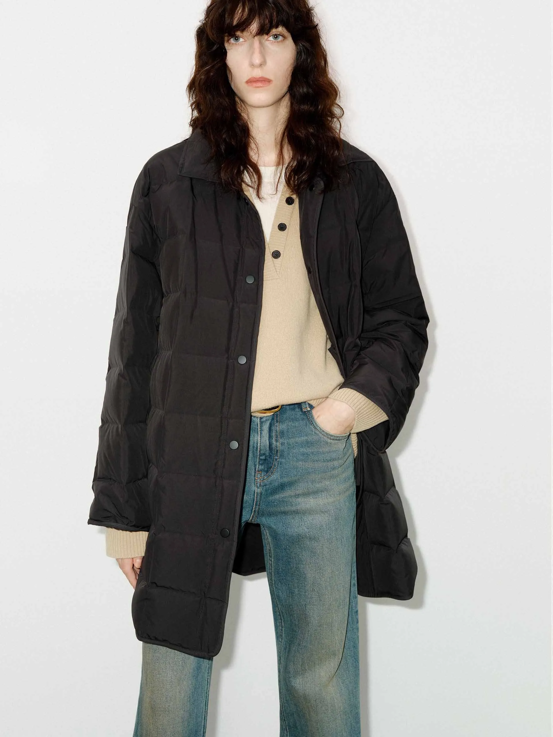 Lapel Collar Midi Puffer Coat