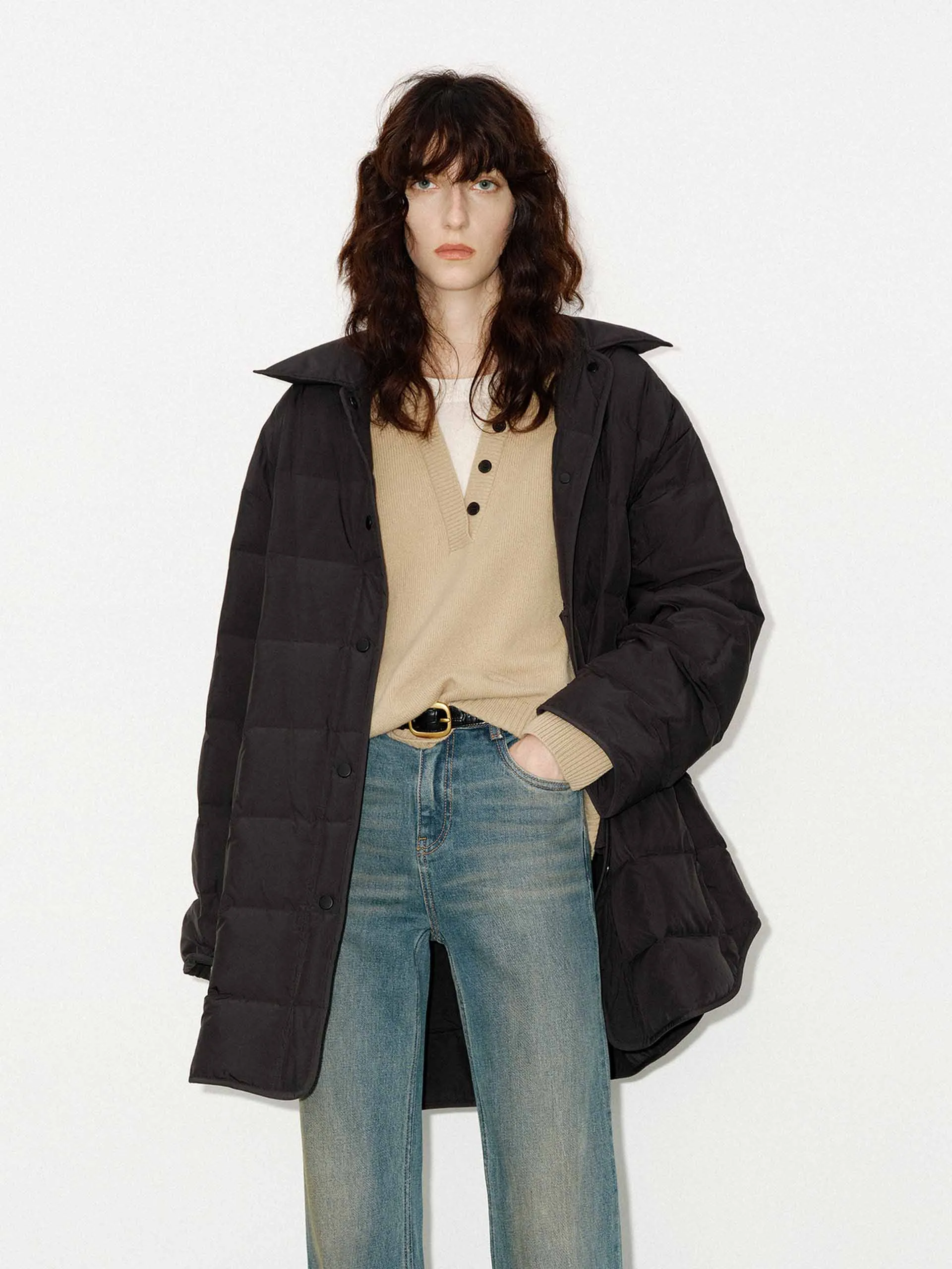 Lapel Collar Midi Puffer Coat