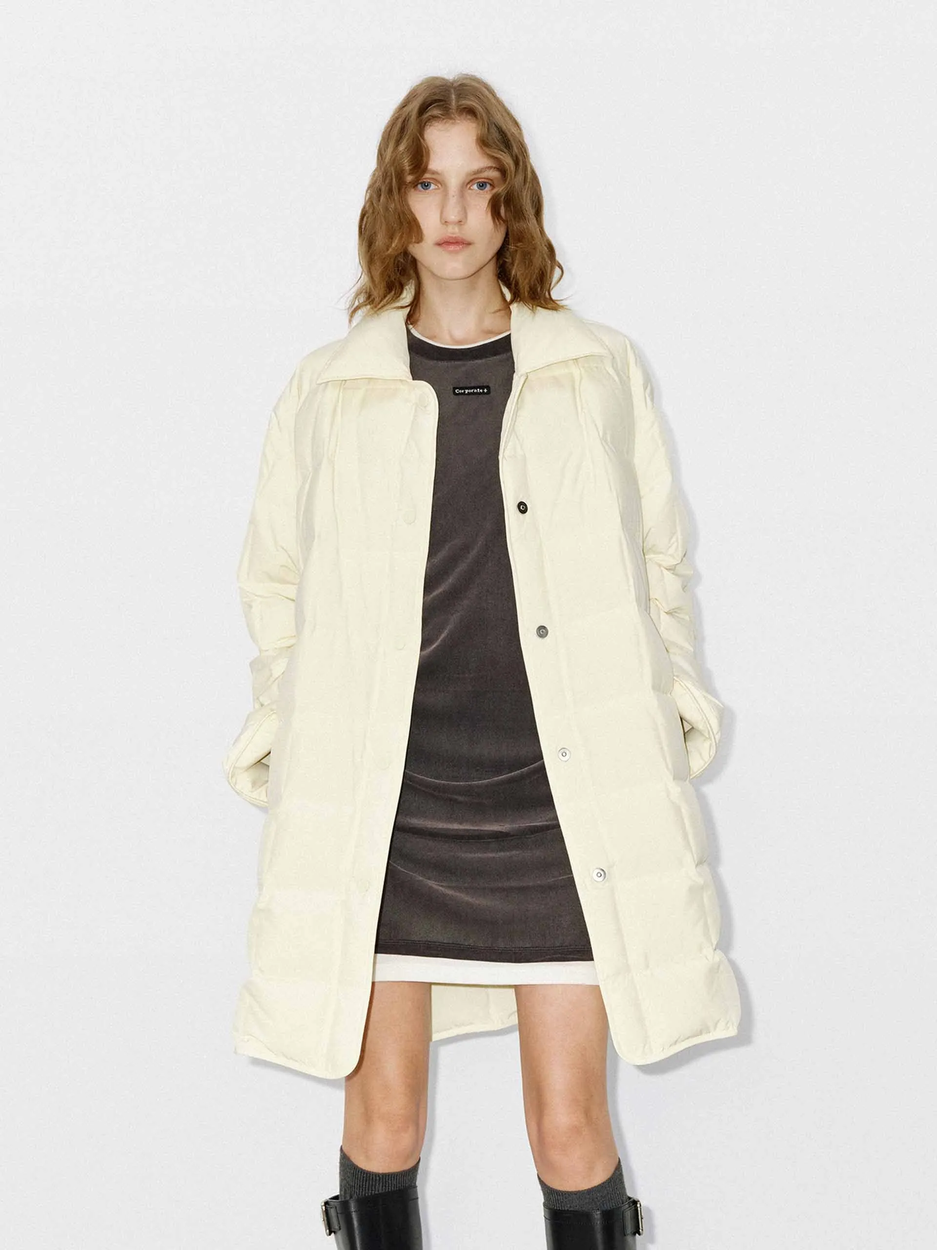 Lapel Collar Midi Puffer Coat