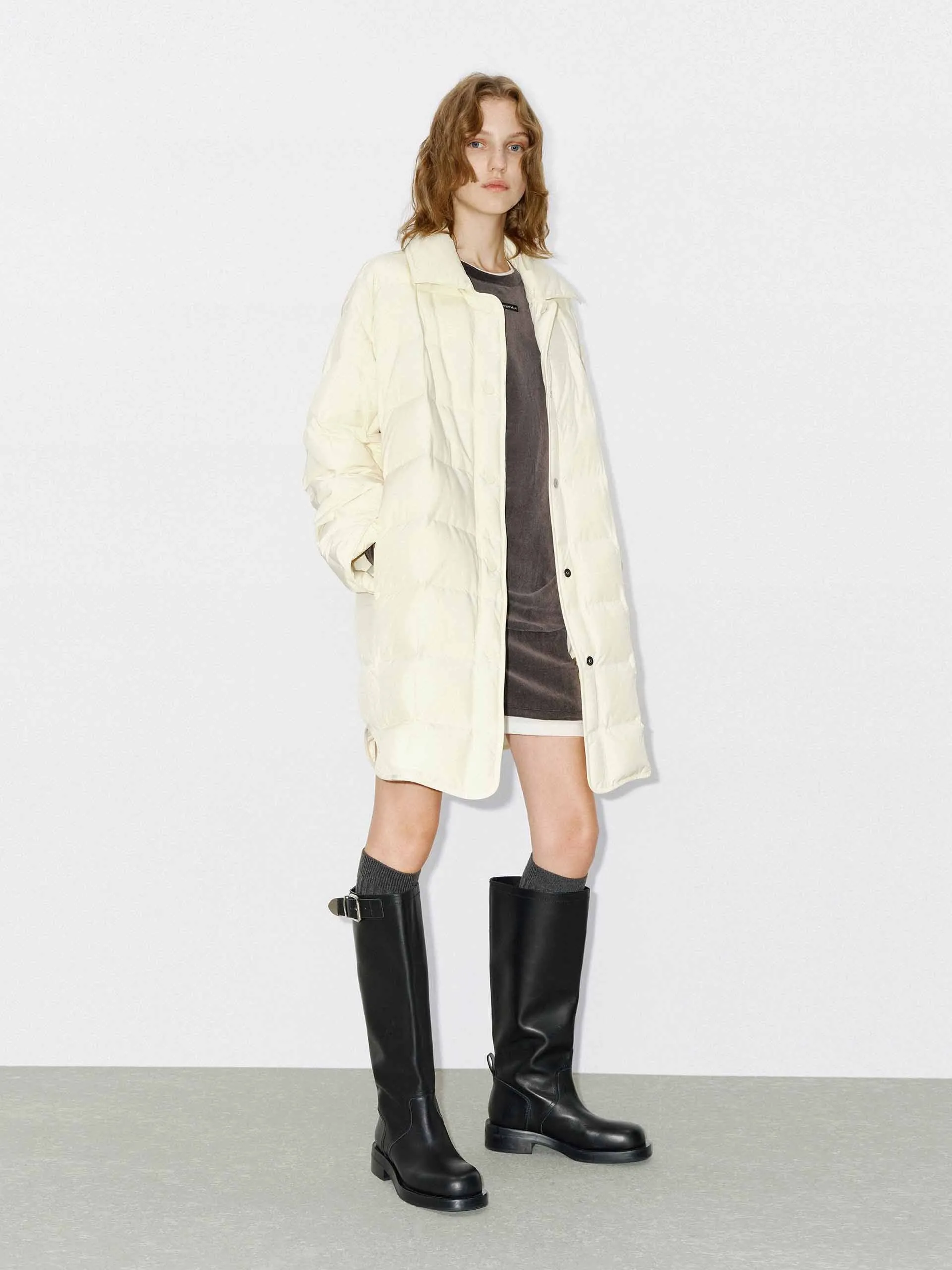 Lapel Collar Midi Puffer Coat