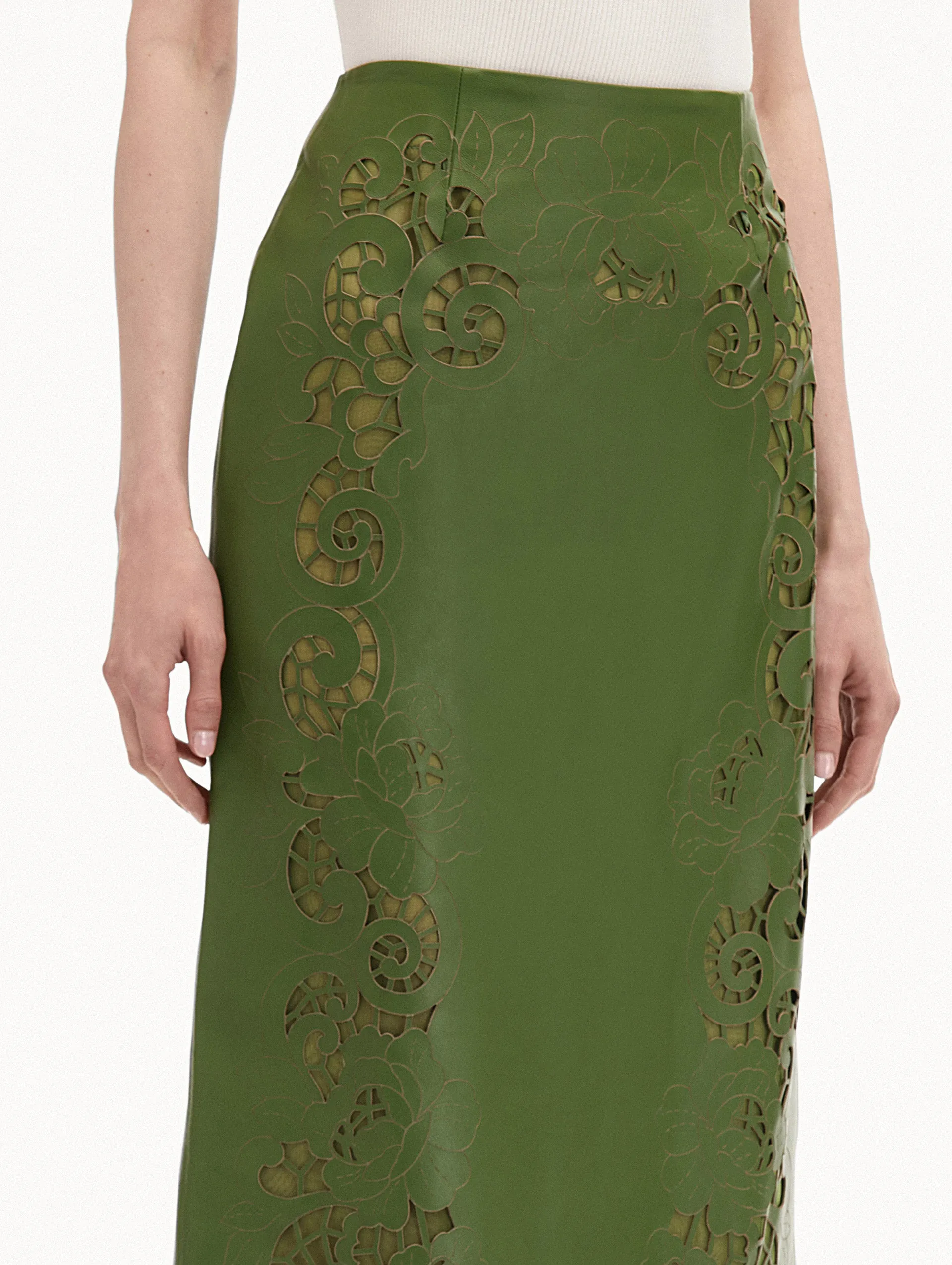 Laser Cut Floral Leather Pencil Skirt