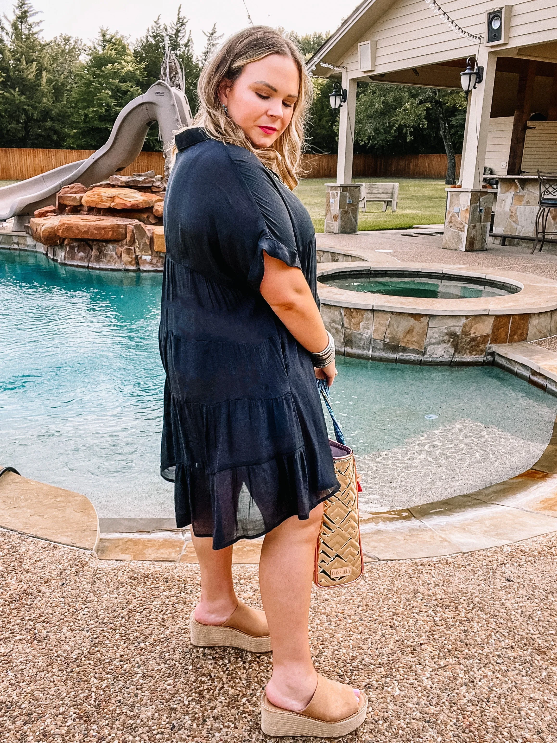 Last Chance Size Small & XL | Wildest Dreams Button Up Short Sleeve Tunic Dress in Black