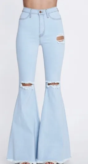 Light Stone Highwaisted Distressed Bell Bottoms