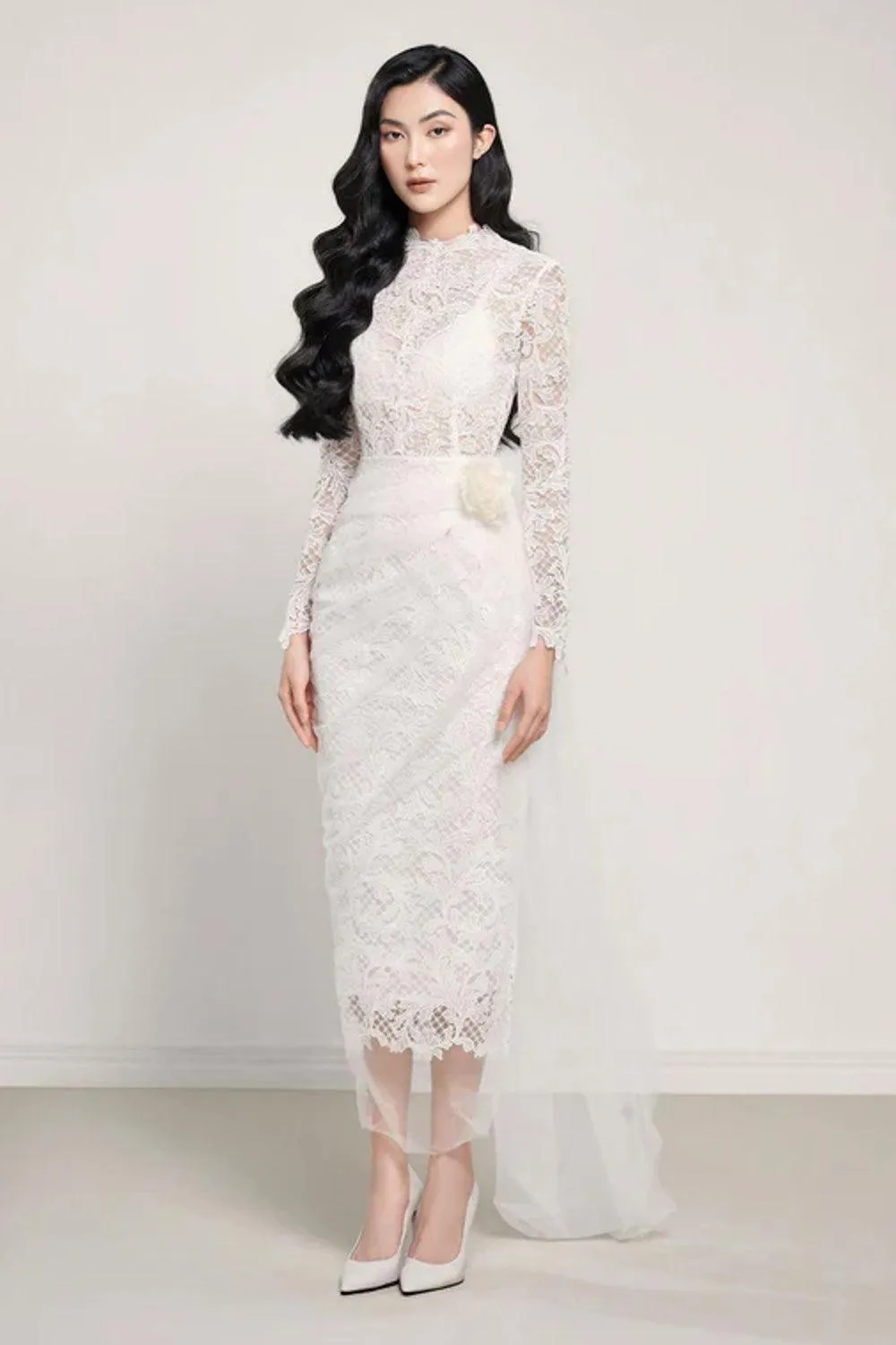 Louvre Pencil Long Sleeved Lace Midi Dress