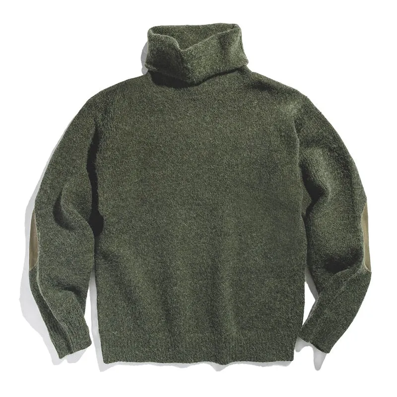 Maden Men&#39;s Vintage Warm Soft Mohair Turtleneck Sweater Green Grey Long Sleeve Sweater With Elbow Patch