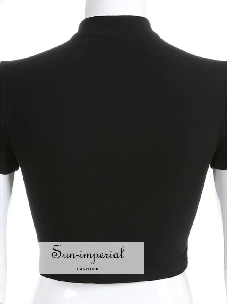 Mandarin Collar Fit Tee with Open Neckline Cut out Cotton Spandex Slim top with Frogging Button