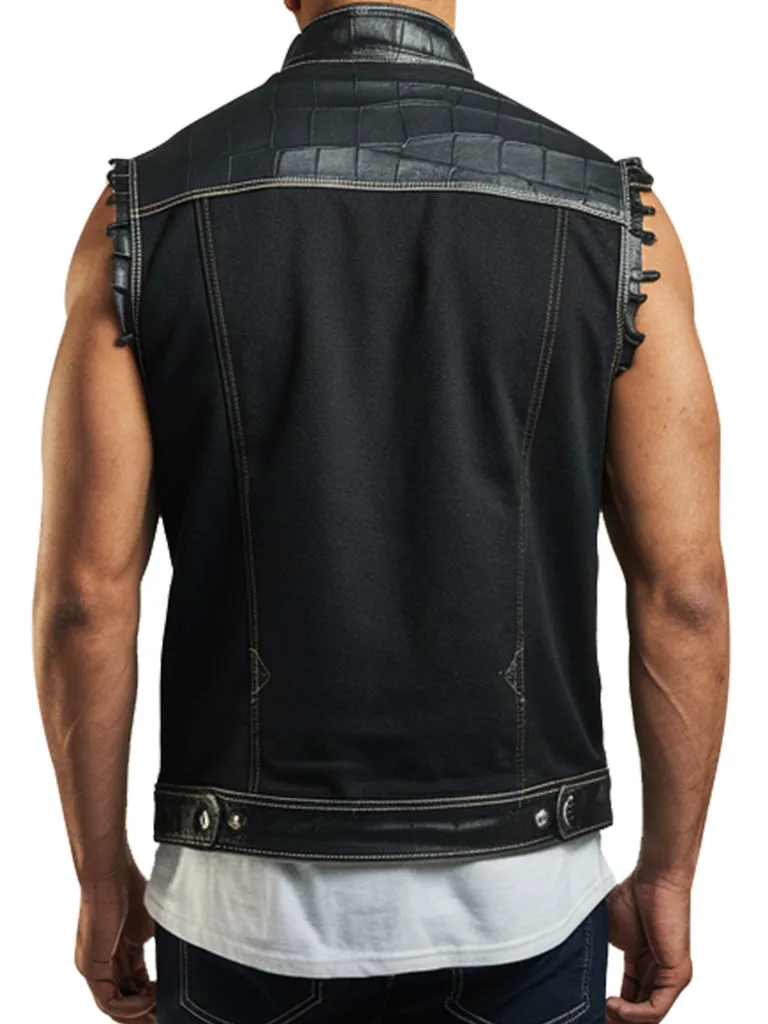 Men's Black Crocodile-Embossed Leather Panel Vest