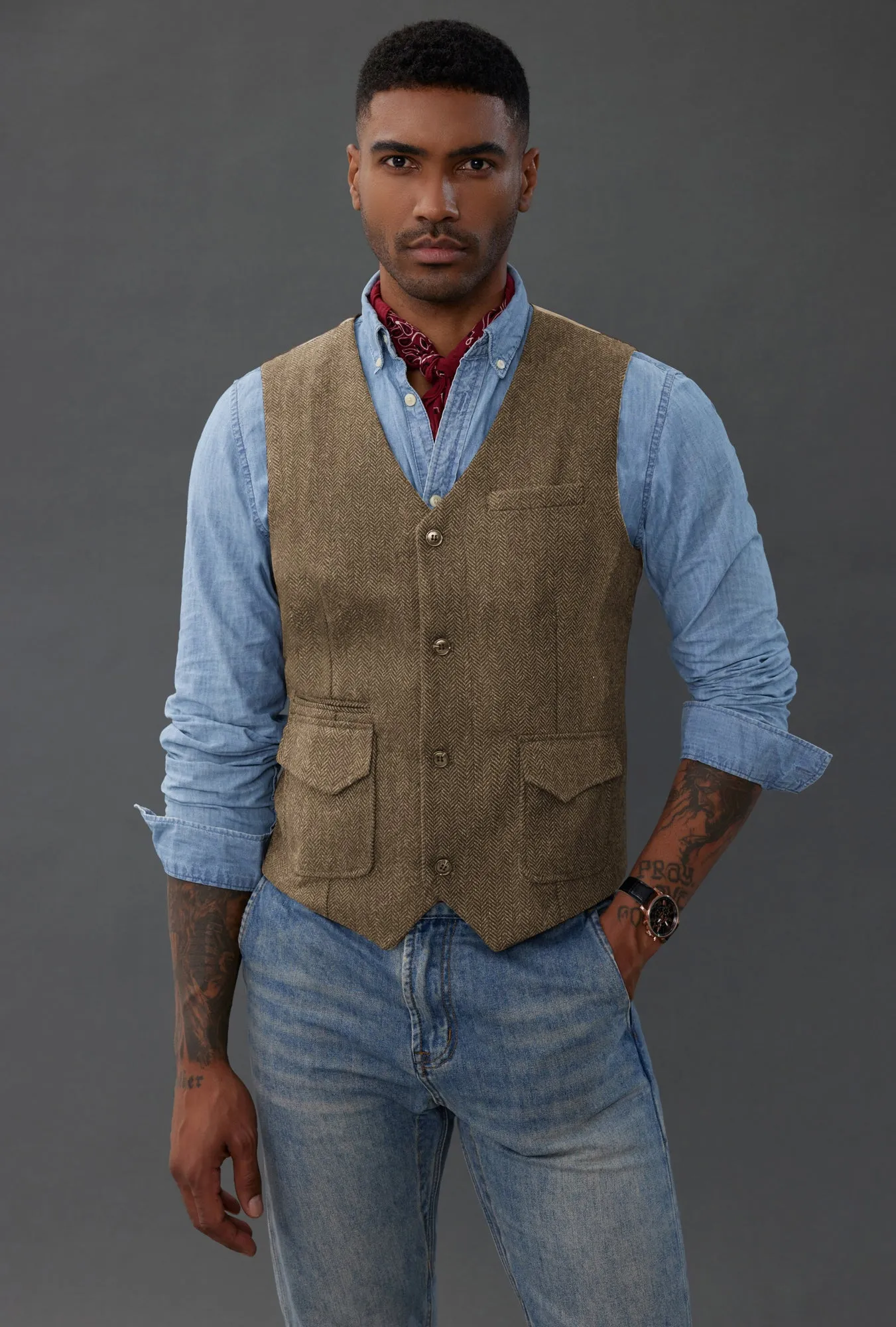 Men's British Herringbone Tweed Vest Casual Wool Blend Waistcoat with Pockets