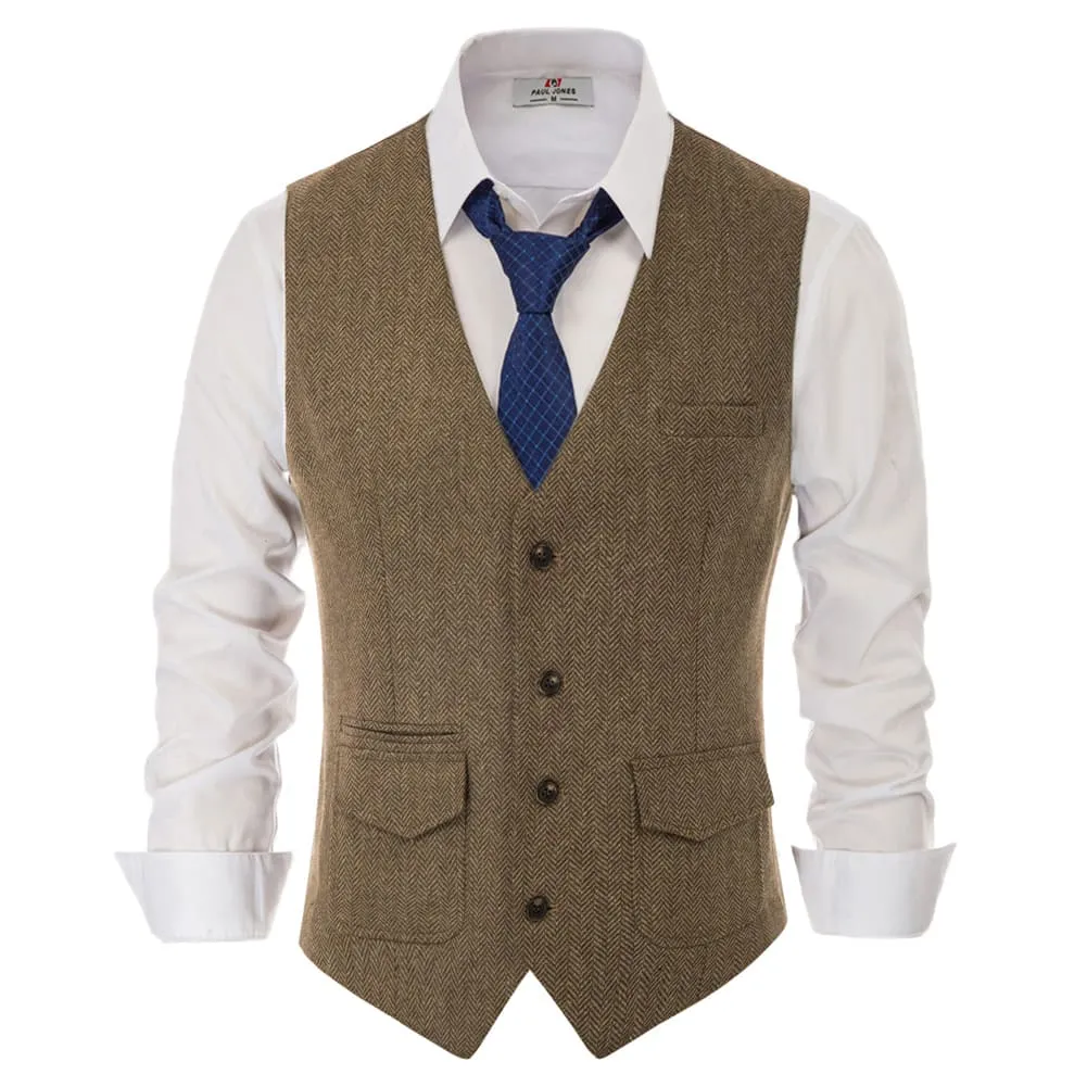 Men's British Herringbone Tweed Vest Casual Wool Blend Waistcoat with Pockets