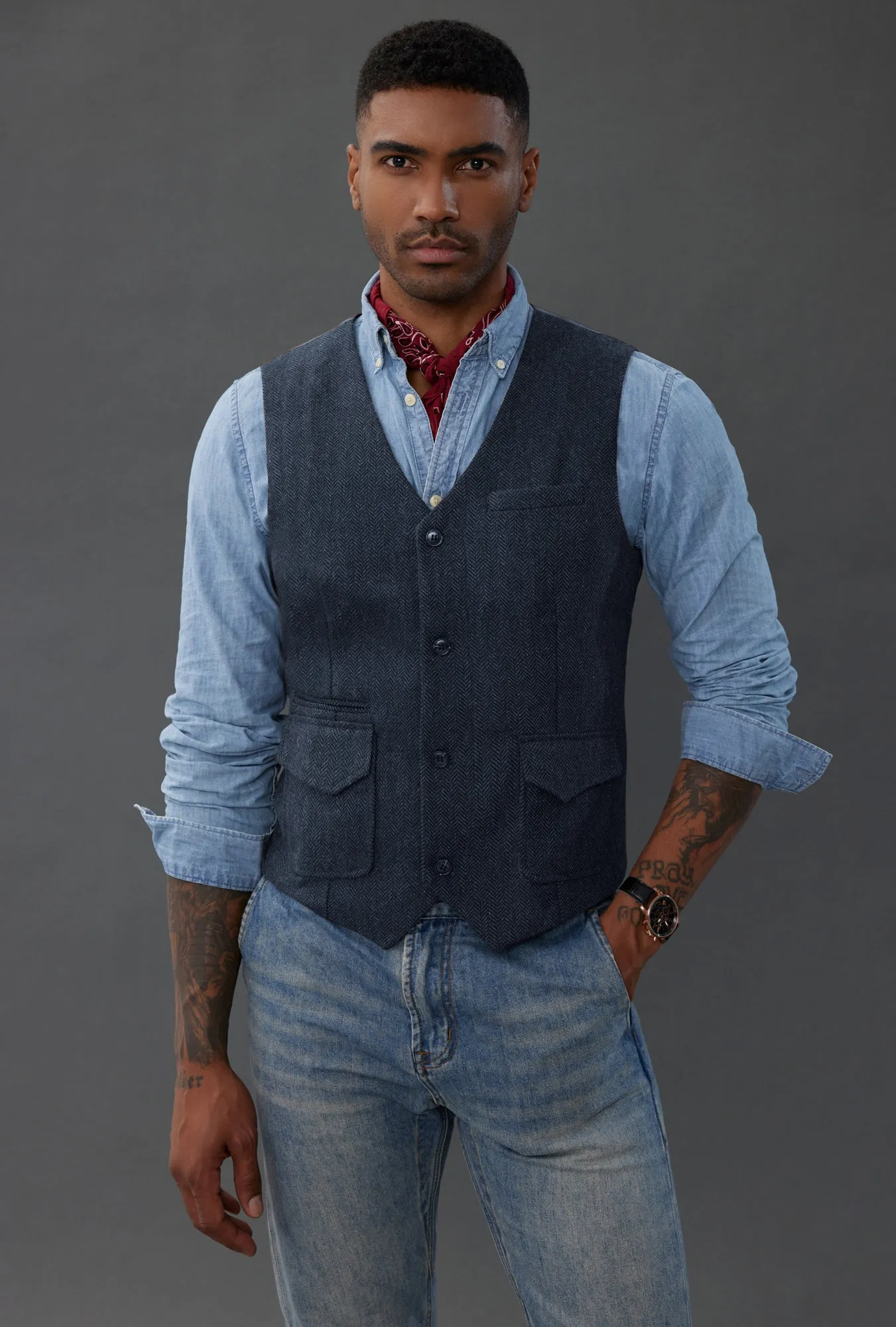 Men's British Herringbone Tweed Vest Casual Wool Blend Waistcoat with Pockets