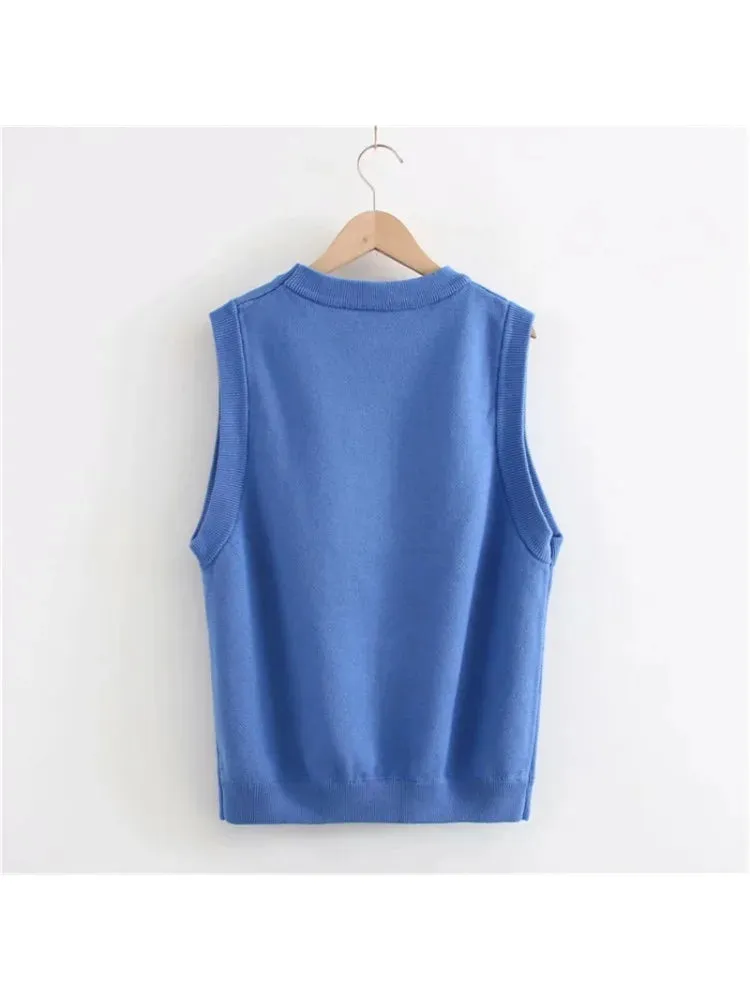 Metaversmall Women's Cartoon Embroidery Knitted Sweaters Blue Sleeveless Vest Winter Warm O-Neck Female Jumpers Pullovers