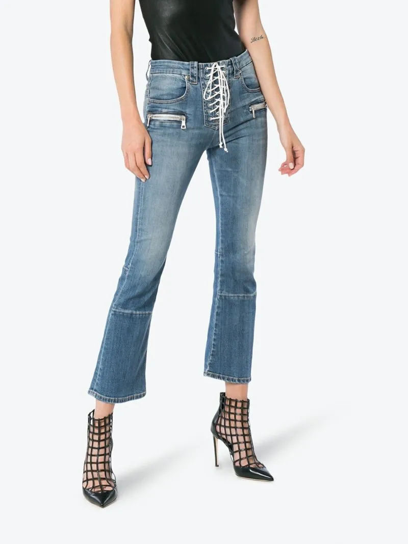 Mid Rise Lace-Up Cropped Kick Flare Jeans