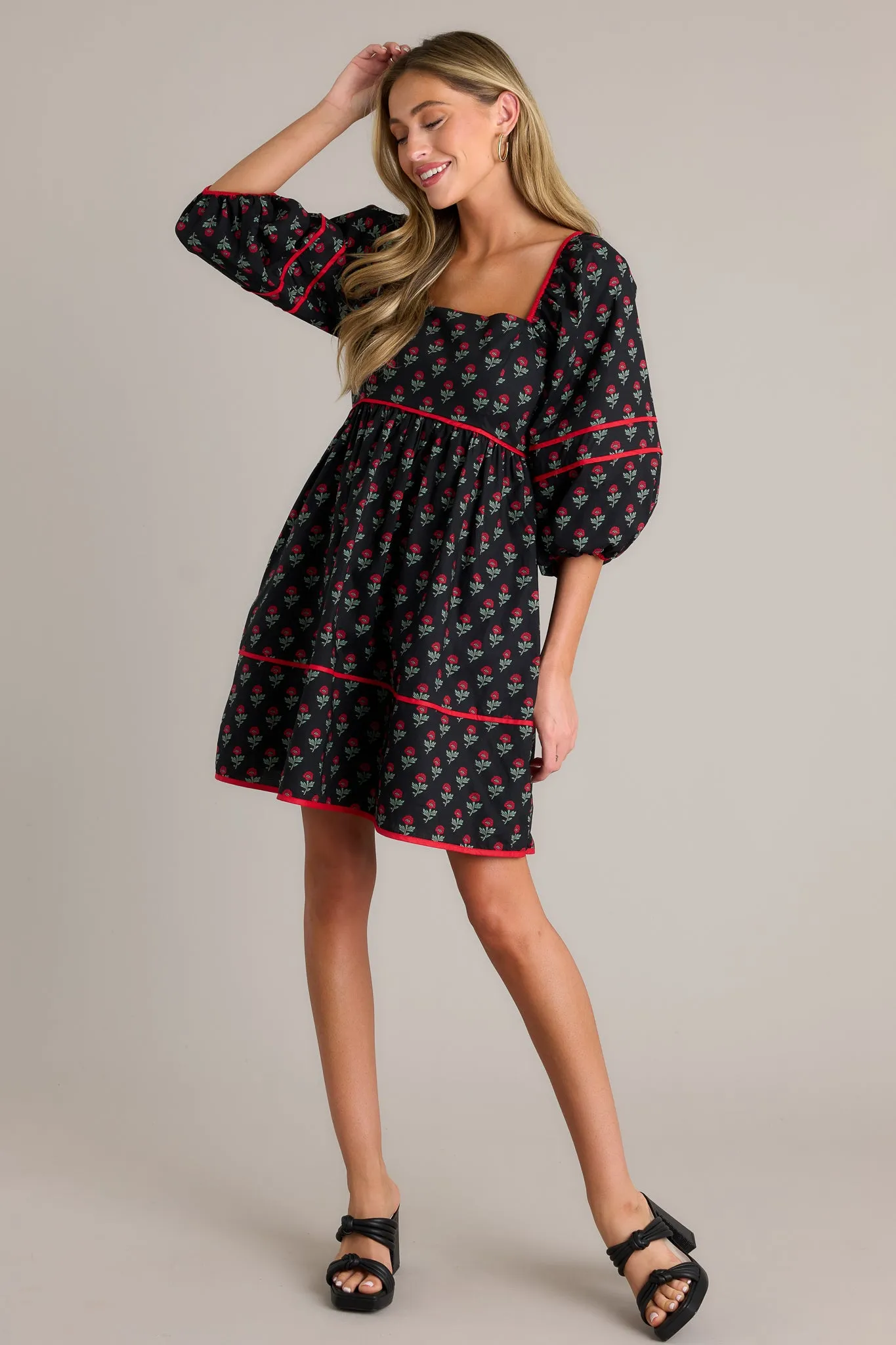 Midnight Rose 100% Cotton Black Floral Puff Sleeve Mini Dress