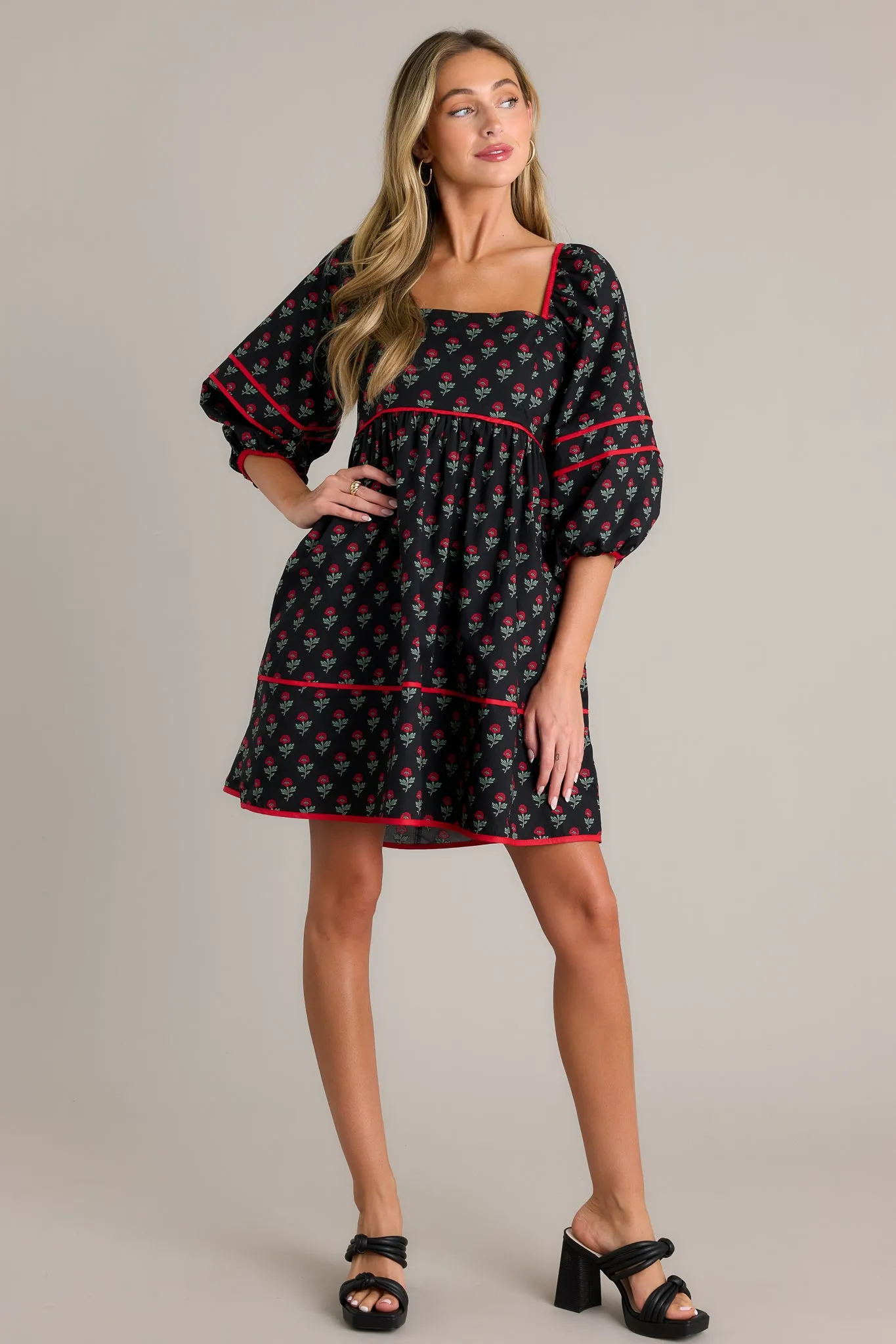 Midnight Rose 100% Cotton Black Floral Puff Sleeve Mini Dress