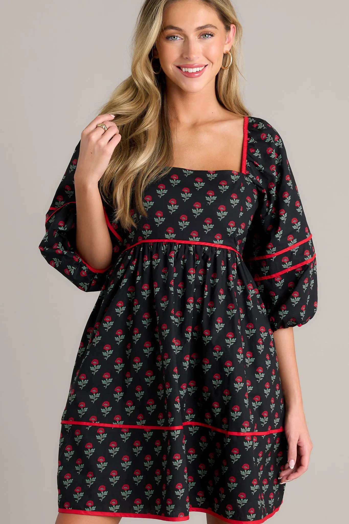 Midnight Rose 100% Cotton Black Floral Puff Sleeve Mini Dress