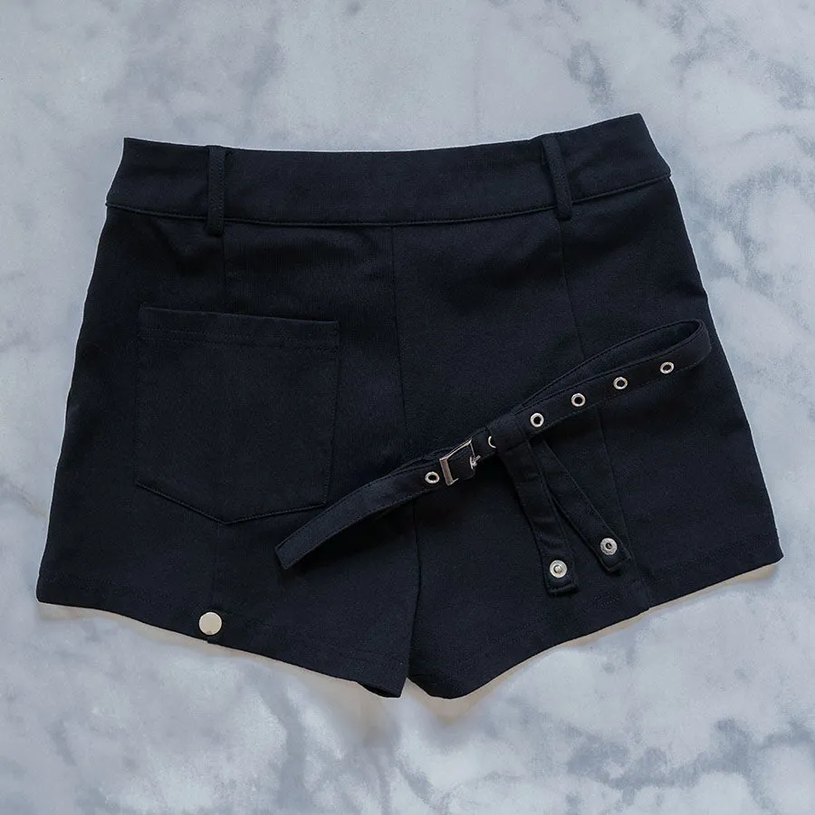 Milk Tea Pleather Detail Leg Strap Shorts